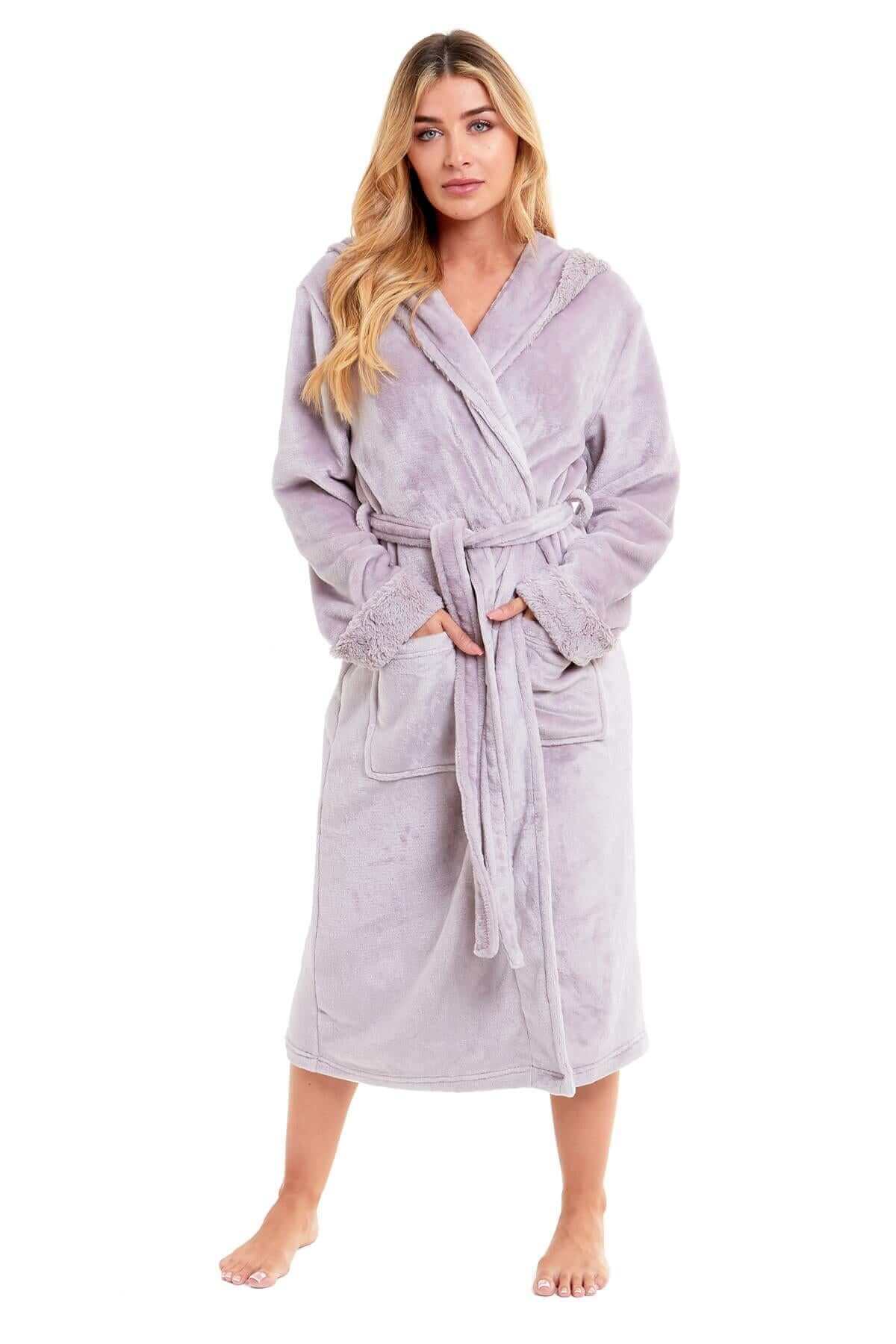 Women's Super Soft Plush Fleece Faux Fur Hooded Robe Luxurious Loungewear Bathrobe for Spa Hotel Home Pink Grey Sizes S-XL by Daisy Dreamer. Buy now for £20.00.