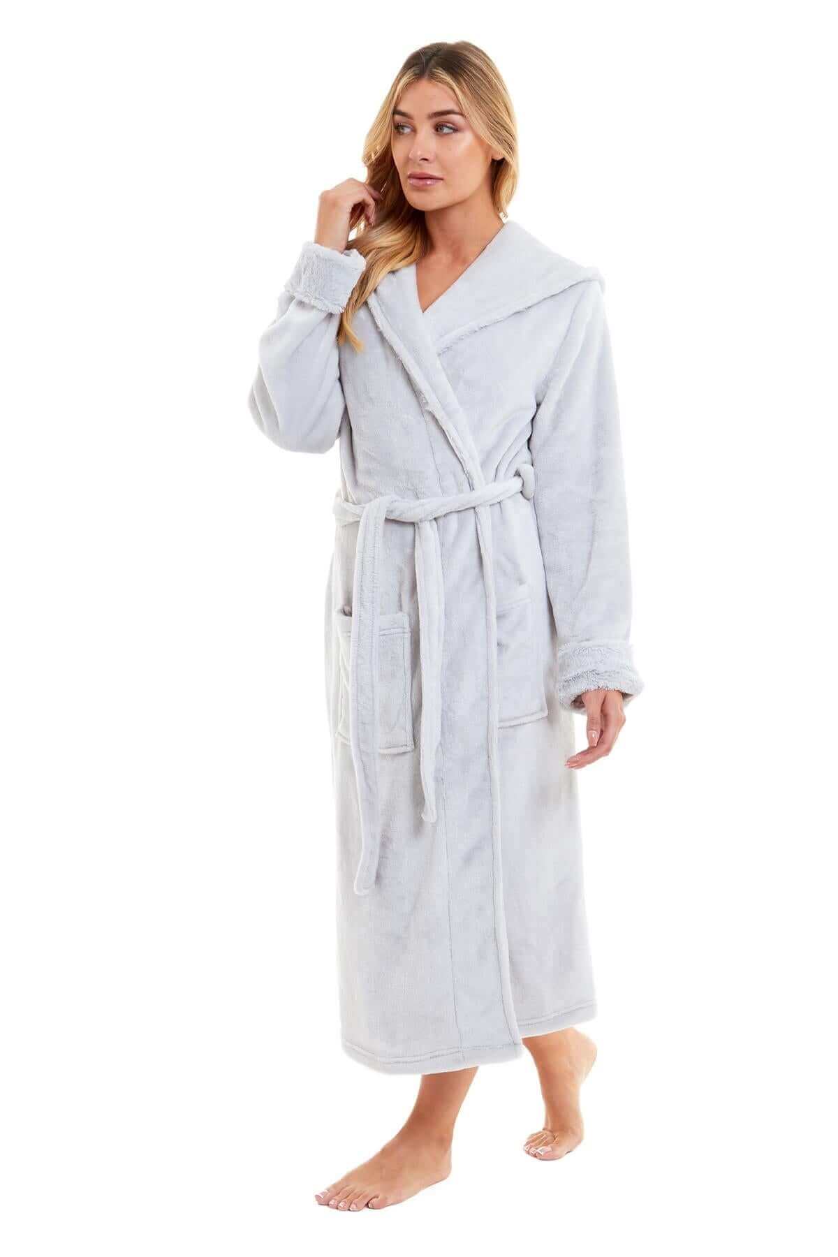 Women's Super Soft Plush Fleece Faux Fur Hooded Robe Luxurious Loungewear Bathrobe for Spa Hotel Home Pink Grey Sizes S-XL by Daisy Dreamer. Buy now for £20.00.