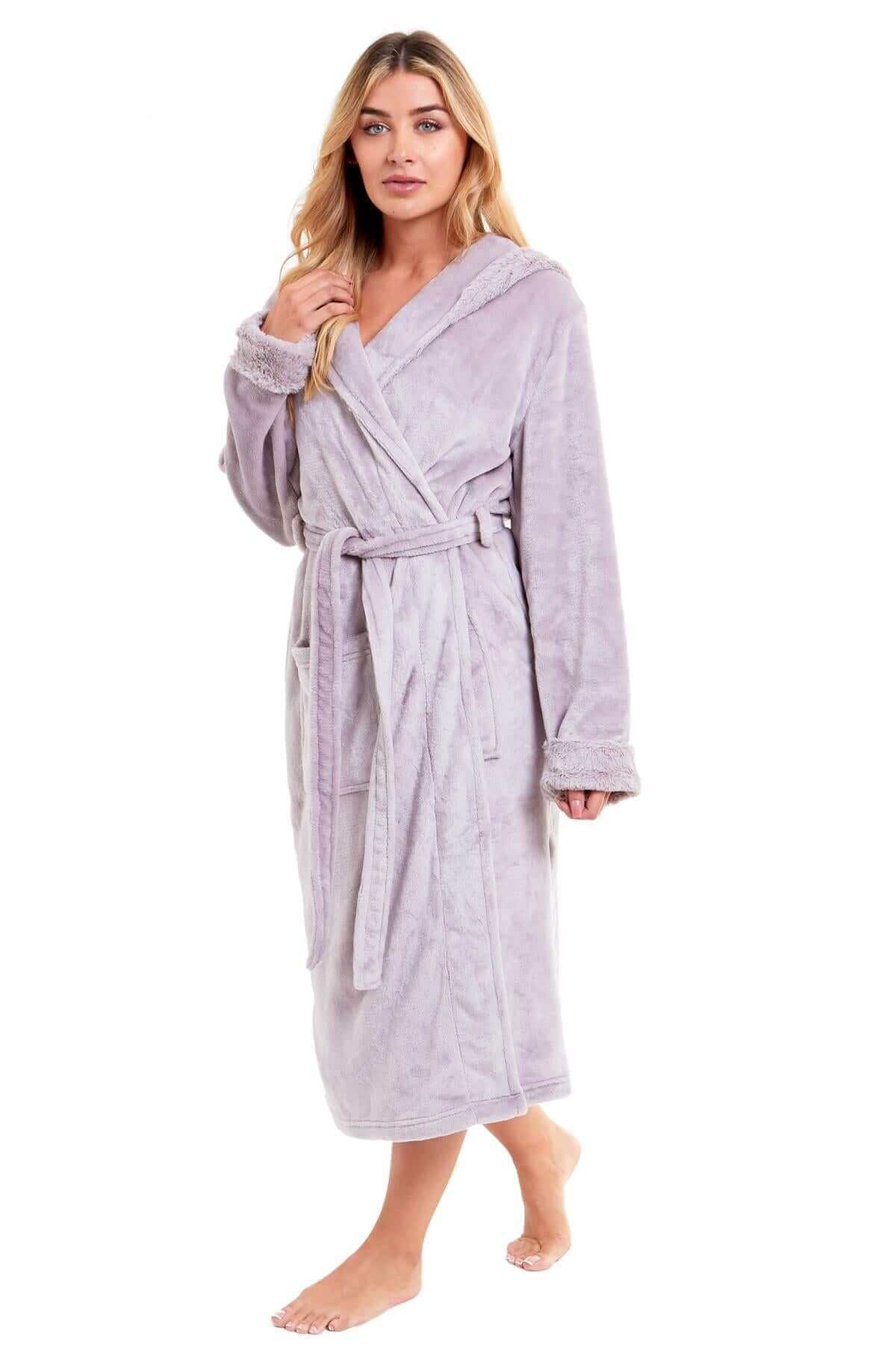 Women's Super Soft Plush Fleece Faux Fur Hooded Robe Luxurious Loungewear Bathrobe for Spa Hotel Home Pink Grey Sizes S-XL by Daisy Dreamer. Buy now for £20.00.