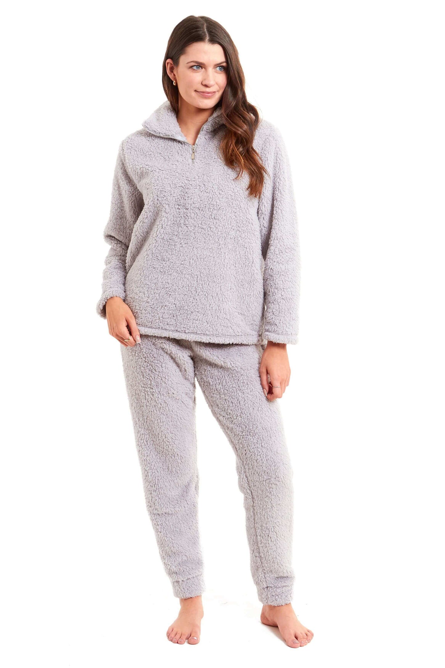 Women's Super Soft Teddy Fleece Loungewear Set Cozy Elasticated Waistband Pants and Zip Front Top in Pink Grey Cream Luxurious Nightwear by Daisy Dreamer. Buy now for £20.00.
