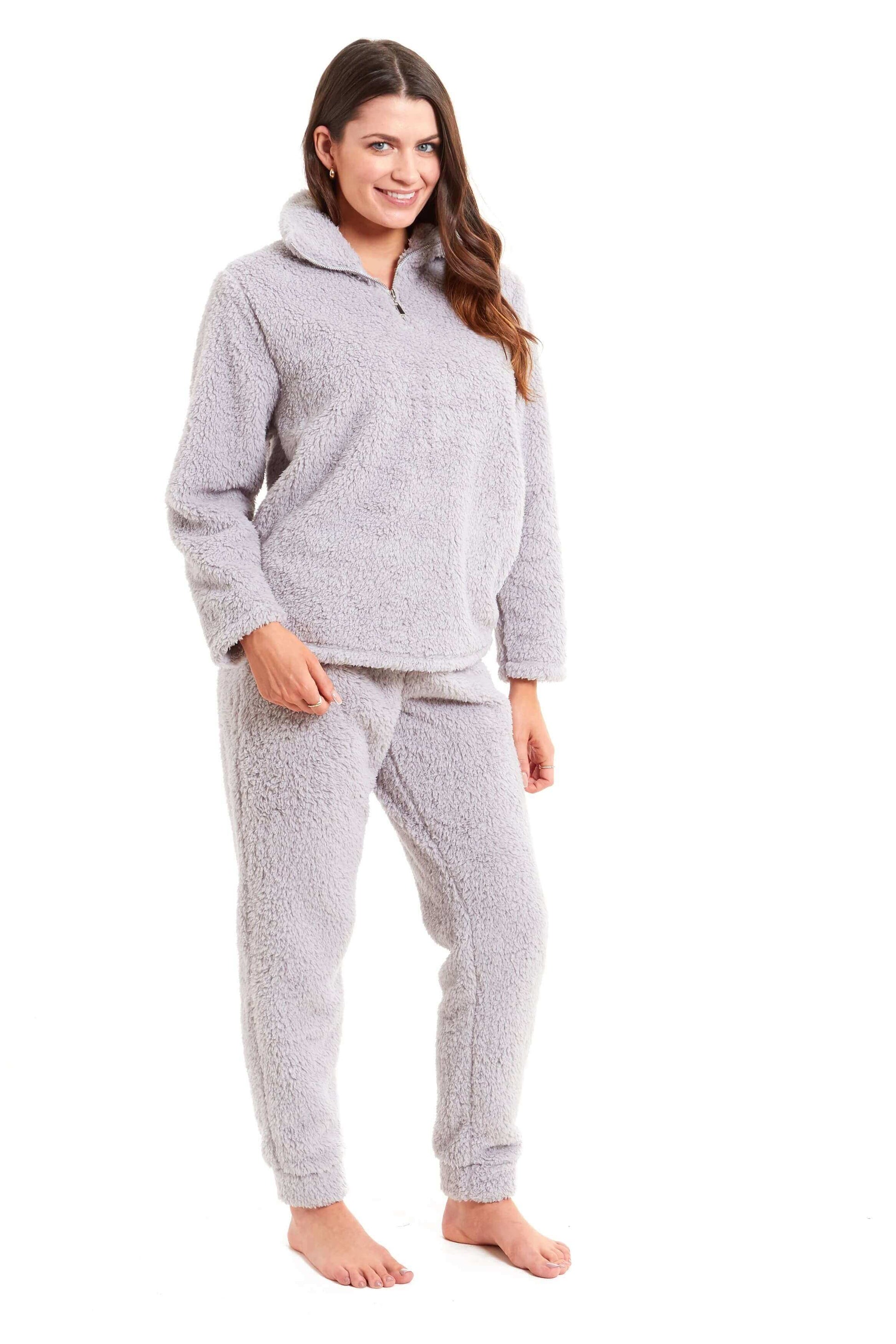 Women's Super Soft Teddy Fleece Loungewear Set Cozy Elasticated Waistband Pants and Zip Front Top in Pink Grey Cream Luxurious Nightwear by Daisy Dreamer. Buy now for £20.00.