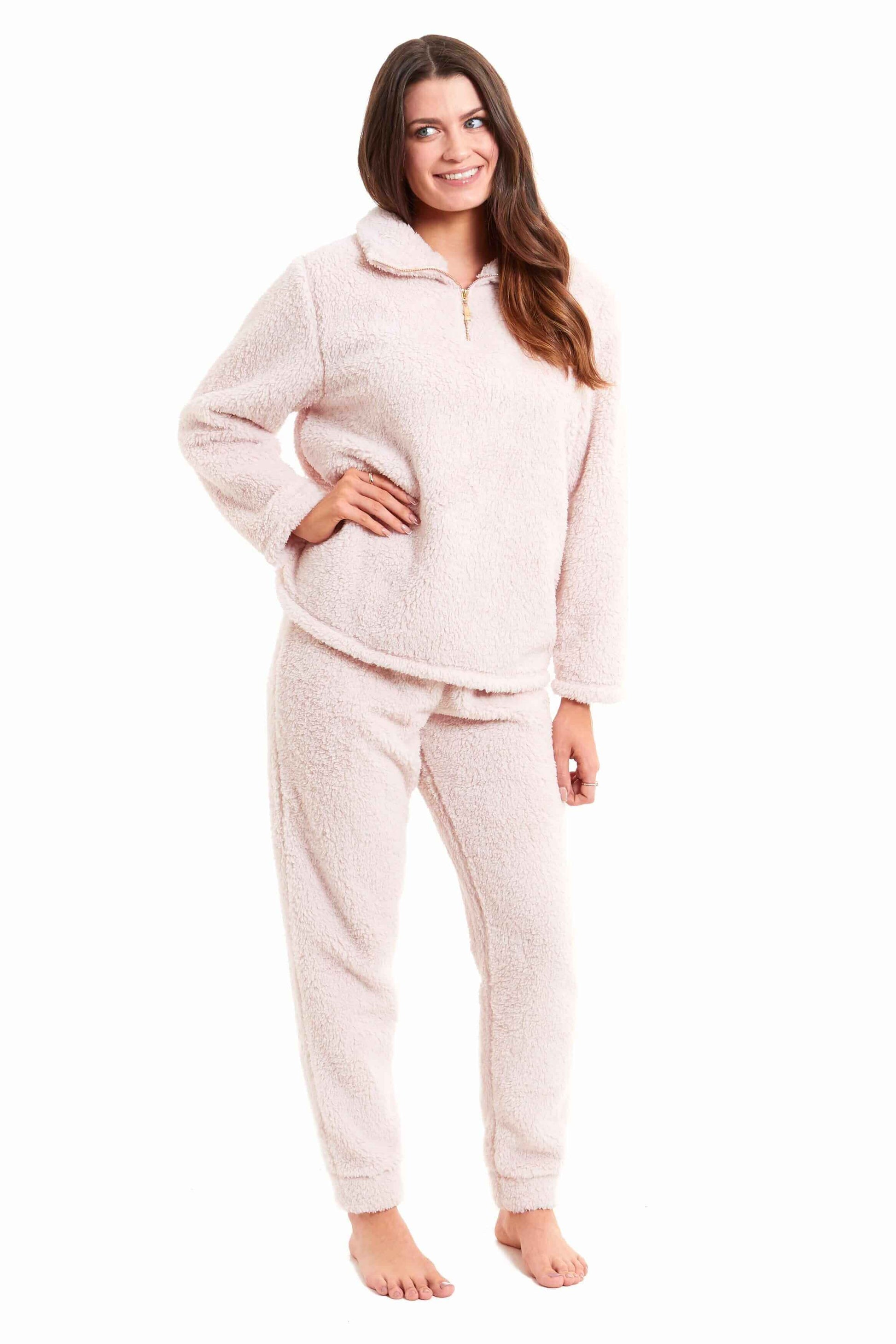 Women's Super Soft Teddy Fleece Loungewear Set Cozy Elasticated Waistband Pants and Zip Front Top in Pink Grey Cream Luxurious Nightwear by Daisy Dreamer. Buy now for £20.00.