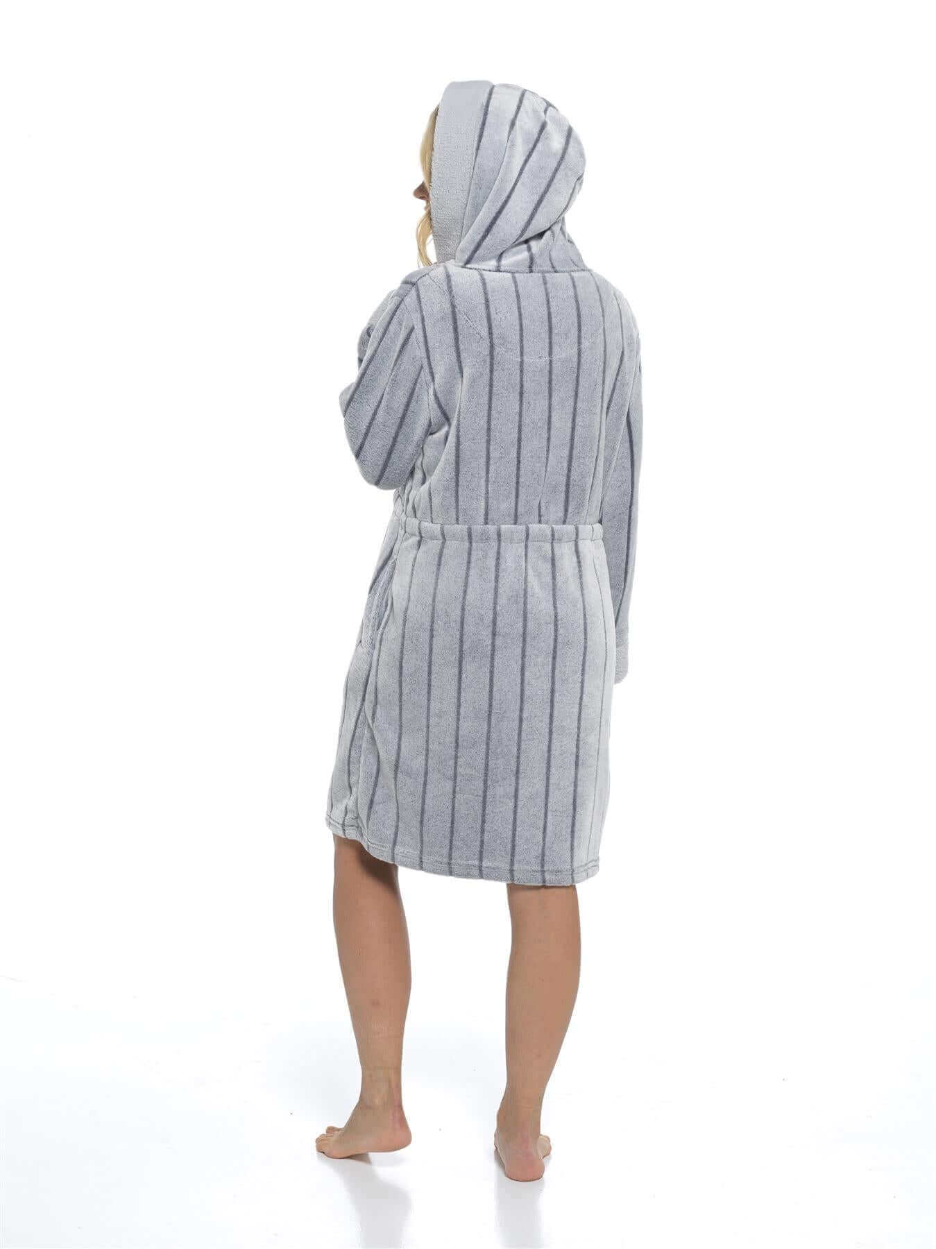 Women's Ultra Soft Velvet Fleece Hooded Bathrobe with Shawl Collar Shadow Stripe Design Grey and Charcoal All Sizes by Daisy Dreamer. Buy now for £20.00.