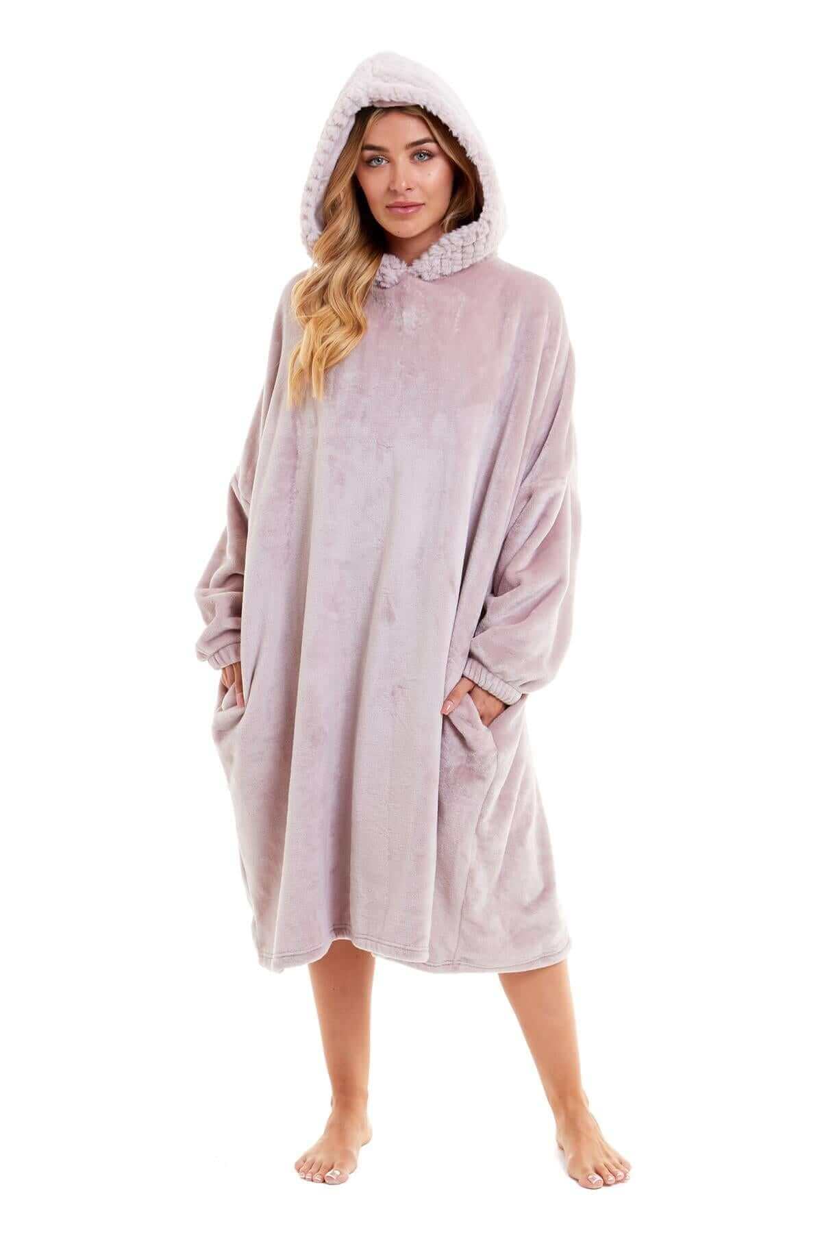 Women's Plush Hooded Poncho Blanket, Oversized Flannel Fleece Hoodie Top. Buy now for £21.00. A Hooded Blanket by Daisy Dreamer. blush pink, chunky lounge, clothing, comfortable, cosy, daisy dreamer, dusky pink, fleece, fluffy, fluffy pink, girls, grey, h