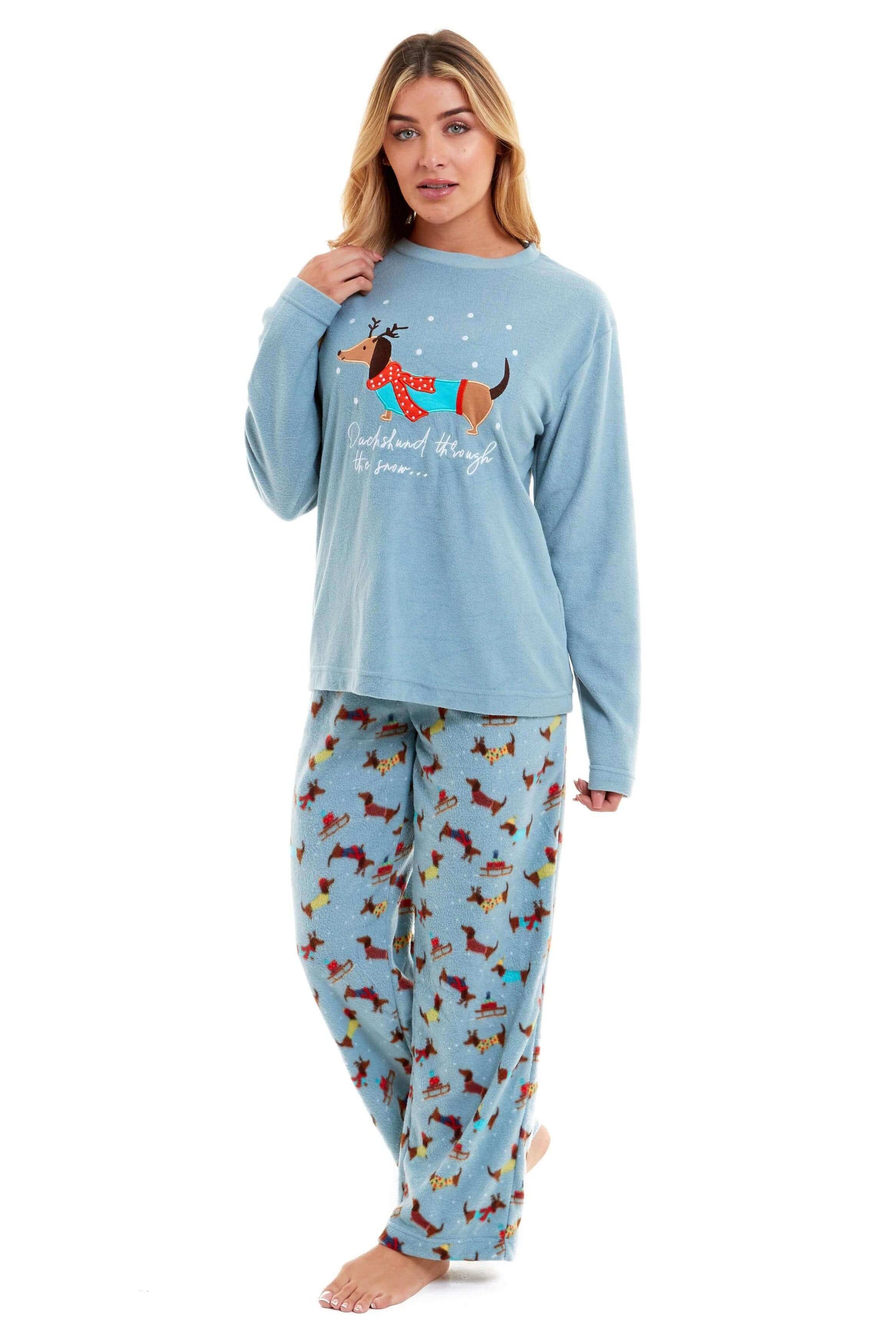 Dachshund Polar Fleece Pyjama Set, Cosy Everyday Loungewear, Christmas Gift Idea. Buy now for £17.00. A Pyjamas by Daisy Dreamer. 12-14, 16-18, 18-20, 8-10, animal, christmas, dachshund, daisy dreamer, duck egg, festive, fleece, gift, ladies, long sleeve,