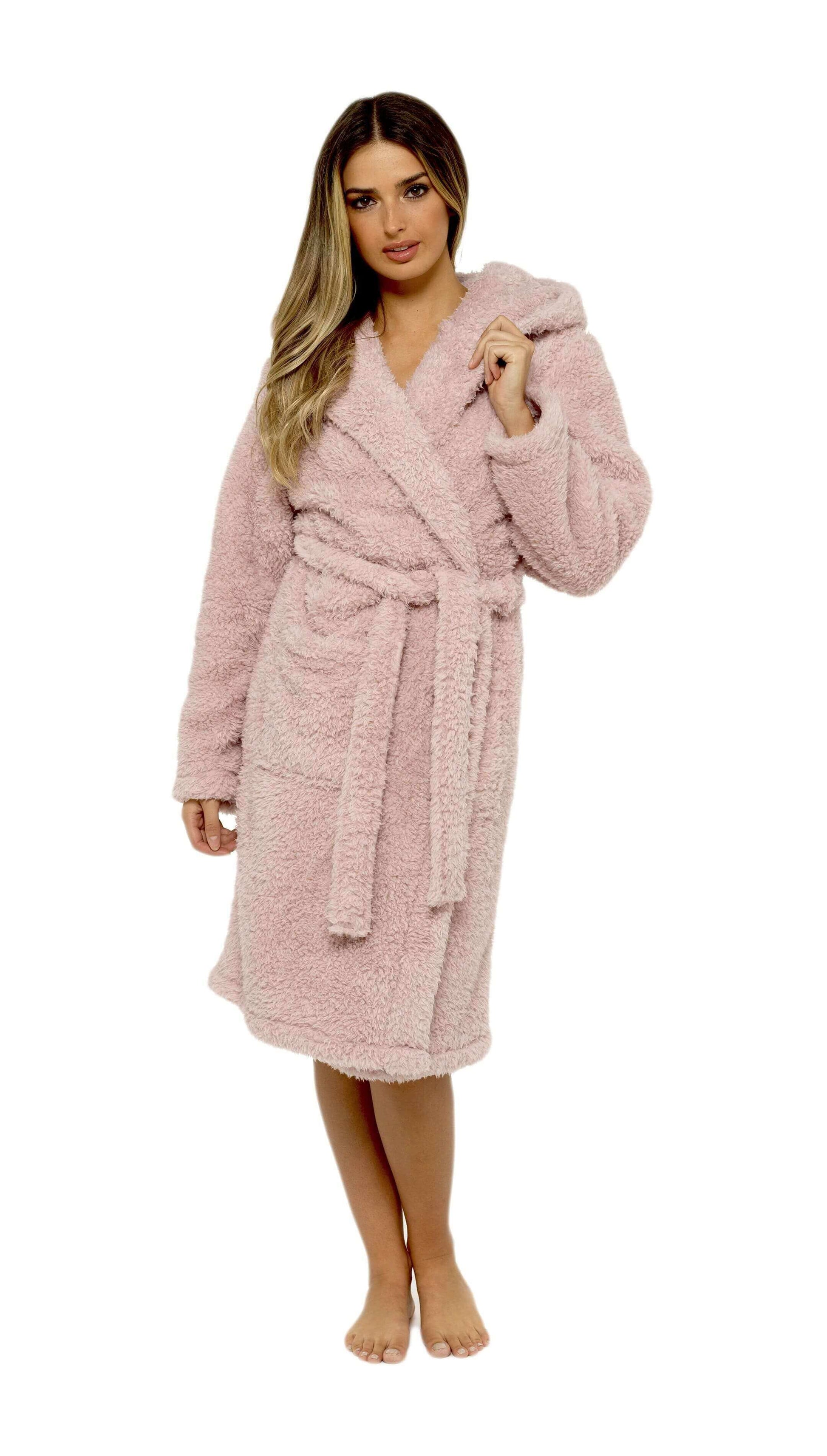 Women's Dusky Pink Teddy Fleece Hooded Robe Dressing Gown, Ladies Bath Robe Loungewear. Buy now for £20.00. A Robe by Daisy Dreamer. 12-14, 16-18, 20-22, 8-10, bridesmaid, daisy dreamer, dressing gown, dusky pink, fleece, gym, hooded robe, hotel, ladies,