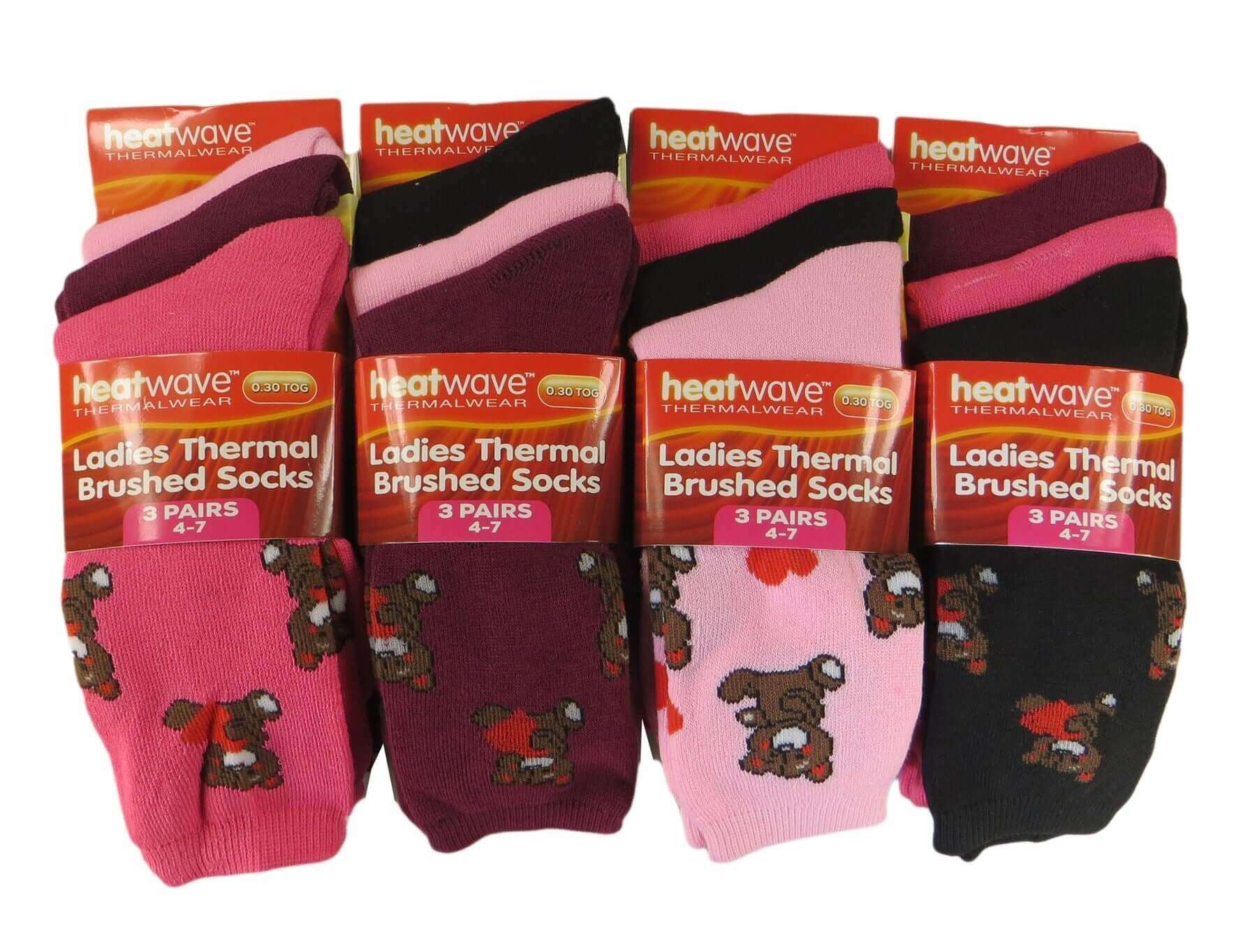 Heatwave® Pack Of 12 Women's Design Thermal Socks Ladies Warm Winter Work Boot. Buy now for £9.00. A Socks by Heatwave Thermalwear. 4-7, assorted, bears, black, black socks, blue, blush pink, boot, boot socks, design, dots, dusky pink, elastane, grey, hea