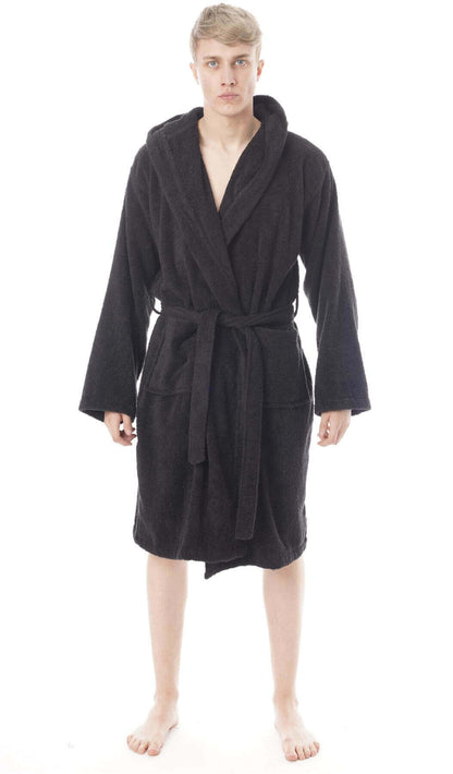 Hooded Mens Bathrobe Super Soft Terry Towelling Ultra Absorbing Flannel Black Navy Charcoal Long Pile Ideal for Shower Spa Home Gym Hotel by Daisy Dreamer BLACK / M-L Robe