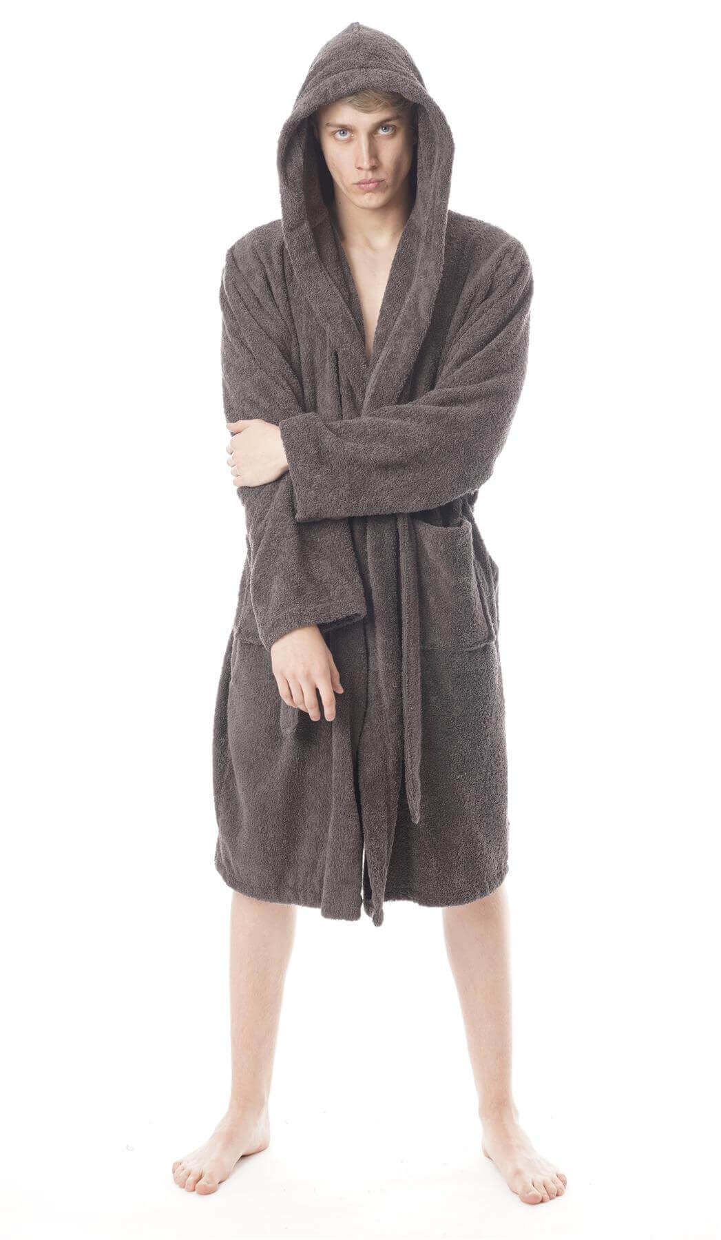 Hooded Mens Bathrobe Super Soft Terry Towelling Ultra Absorbing Flannel Black Navy Charcoal Long Pile Ideal for Shower Spa Home Gym Hotel by Daisy Dreamer CHARCOAL / M-L Robe