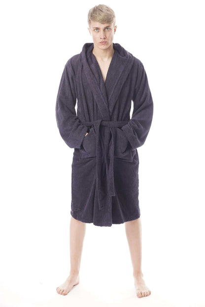 Hooded Mens Bathrobe Super Soft Terry Towelling Ultra Absorbing Flannel Black Navy Charcoal Long Pile Ideal for Shower Spa Home Gym Hotel by Daisy Dreamer NAVY / M-L Robe