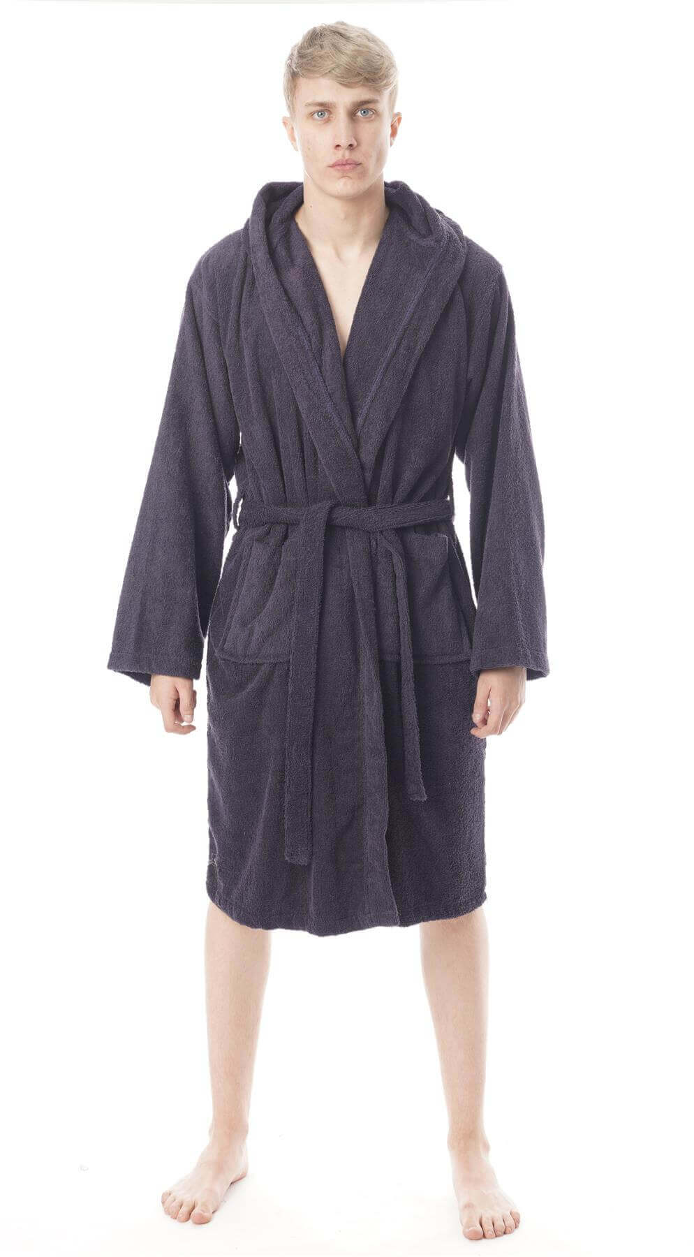 Hooded Mens Bathrobe Super Soft Terry Towelling Ultra Absorbing Flannel Black Navy Charcoal Long Pile Ideal for Shower Spa Home Gym Hotel by Daisy Dreamer Robe