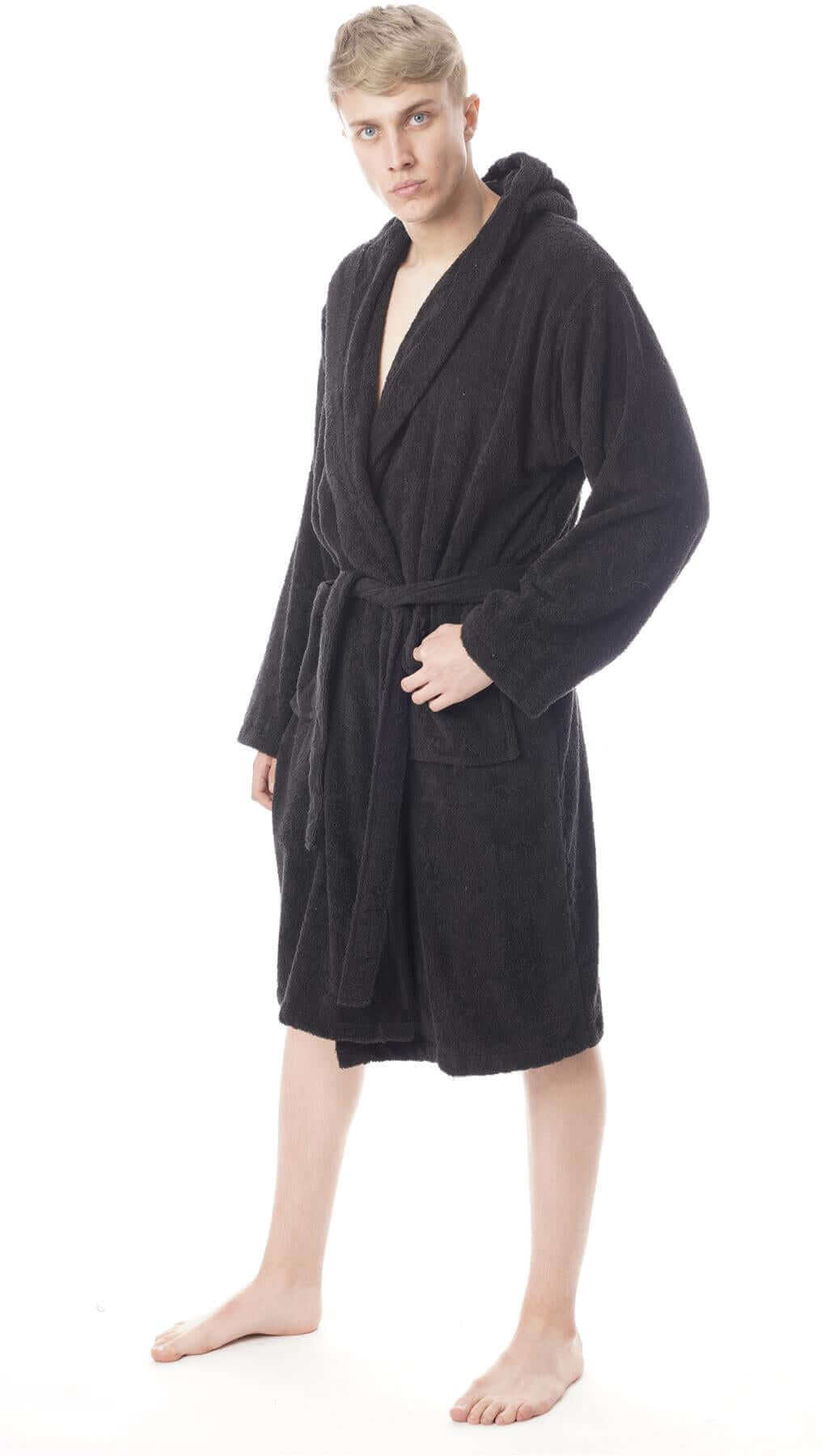 Hooded Mens Bathrobe Super Soft Terry Towelling Ultra Absorbing Flannel Black Navy Charcoal Long Pile Ideal for Shower Spa Home Gym Hotel by Daisy Dreamer Robe