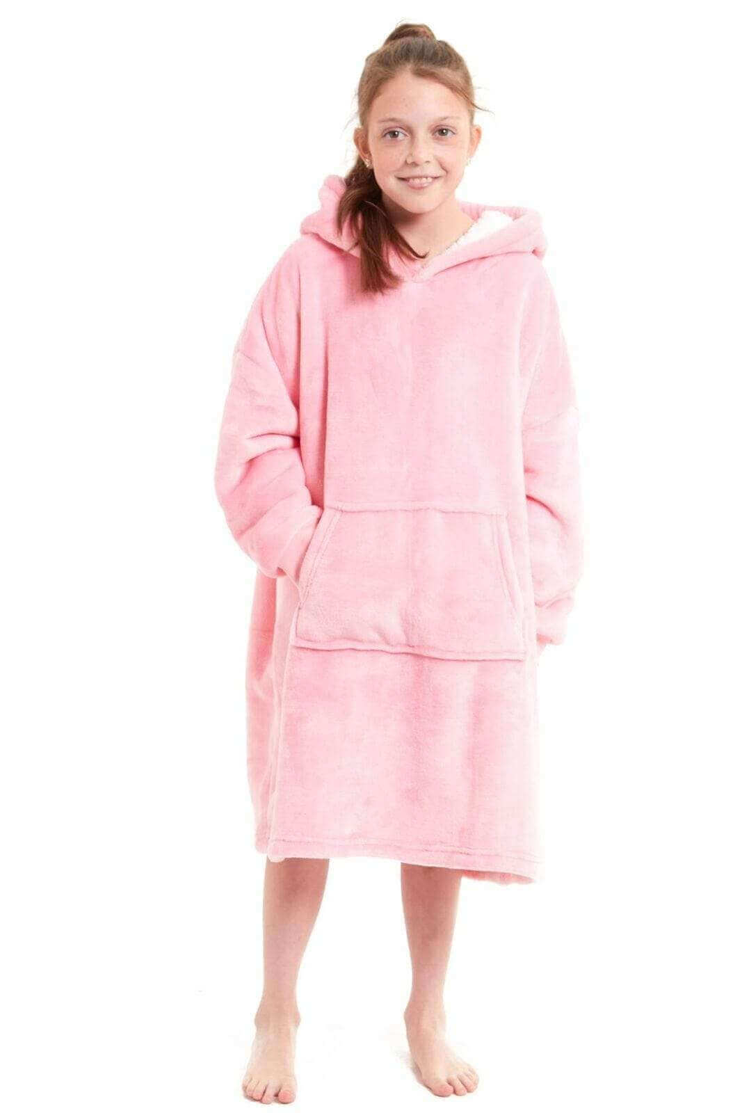 Kids Oversized Hooded Plush Fleece Blankets With Reversible Sherpa. Buy now for £15.00. A Hooded Blanket by Daisy Dreamer. blush pink, charcoal, childrens, clothing, dusky pink, flannel, fleece, grey, hooded blanket, hot pink, kids, loungewear, nightwear,