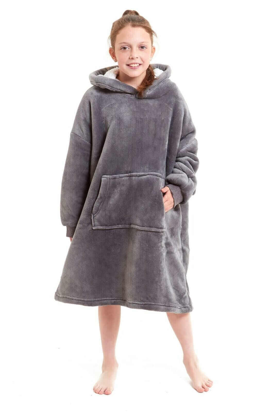 Kids Oversized Hooded Plush Fleece Blankets With Reversible Sherpa. Buy now for £15.00. A Hooded Blanket by Daisy Dreamer. blush pink, charcoal, childrens, clothing, dusky pink, flannel, fleece, grey, hooded blanket, hot pink, kids, loungewear, nightwear,