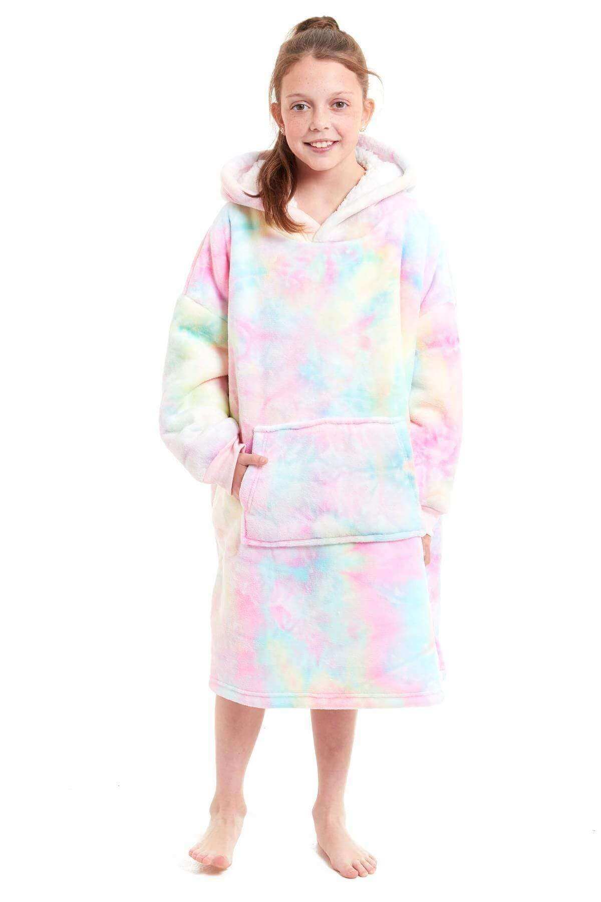 Kids Oversized Hooded Plush Fleece Blankets With Reversible Sherpa. Buy now for £15.00. A Hooded Blanket by Daisy Dreamer. blush pink, charcoal, childrens, clothing, dusky pink, flannel, fleece, grey, hooded blanket, hot pink, kids, loungewear, nightwear,