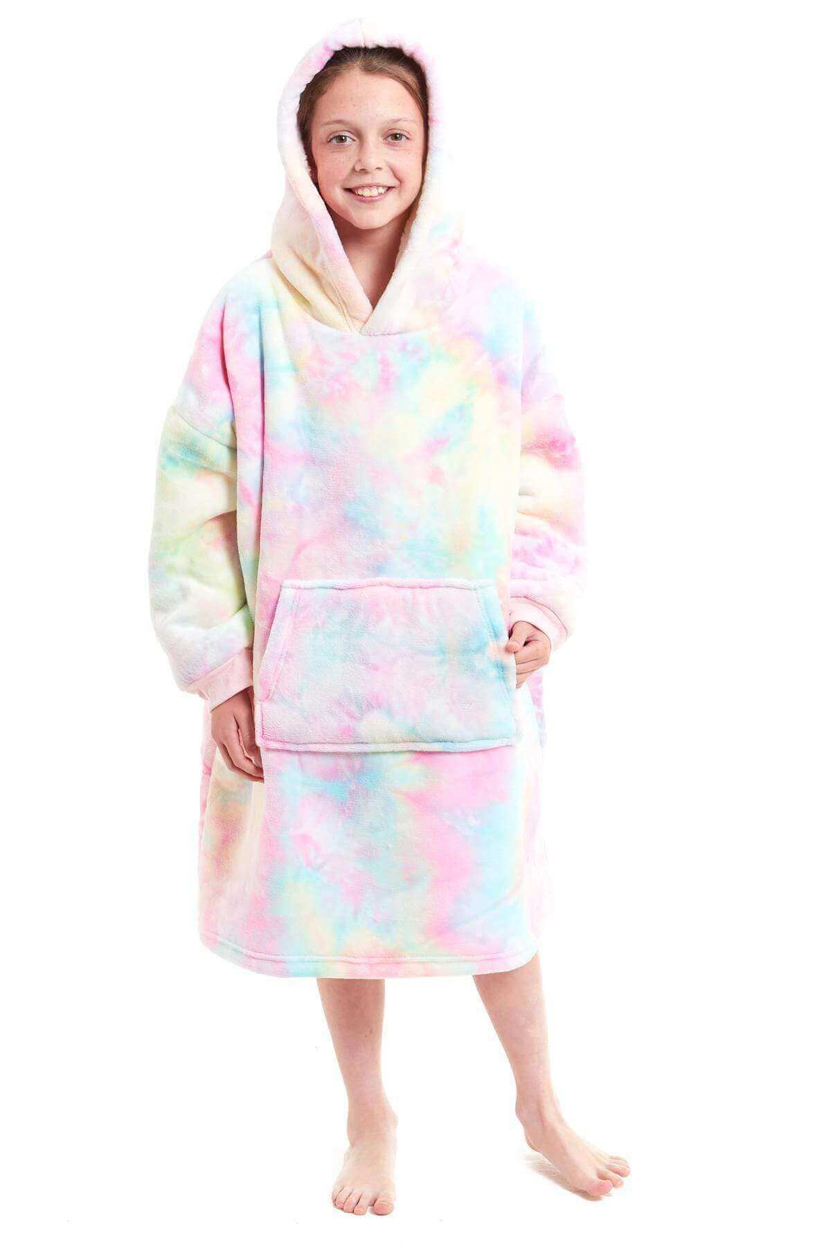 Kids Oversized Hooded Plush Fleece Blankets With Reversible Sherpa. Buy now for £15.00. A Hooded Blanket by Daisy Dreamer. blush pink, charcoal, childrens, clothing, dusky pink, flannel, fleece, grey, hooded blanket, hot pink, kids, loungewear, nightwear,