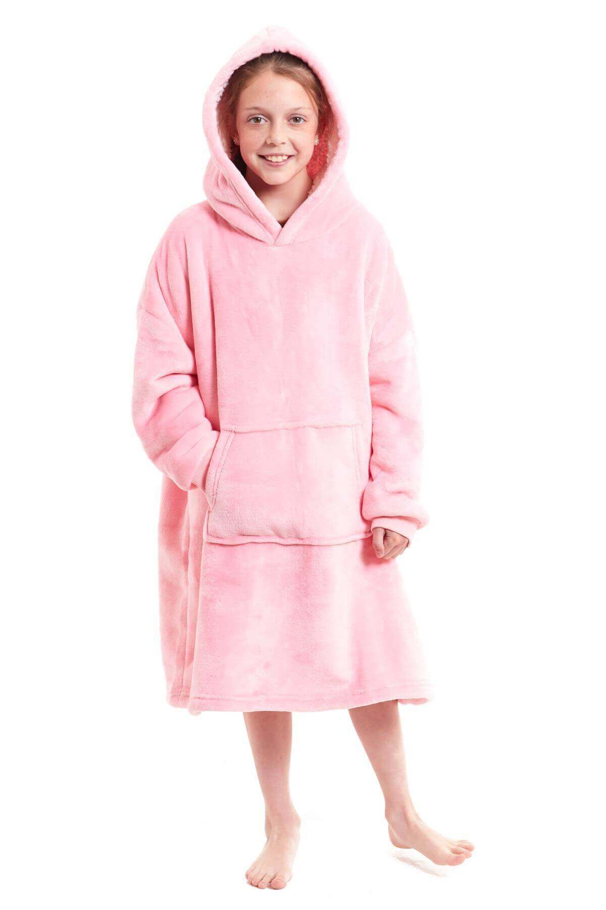 Kids Oversized Hooded Plush Fleece Blankets With Reversible Sherpa. Buy now for £15.00. A Hooded Blanket by Daisy Dreamer. blush pink, charcoal, childrens, clothing, dusky pink, flannel, fleece, grey, hooded blanket, hot pink, kids, loungewear, nightwear,