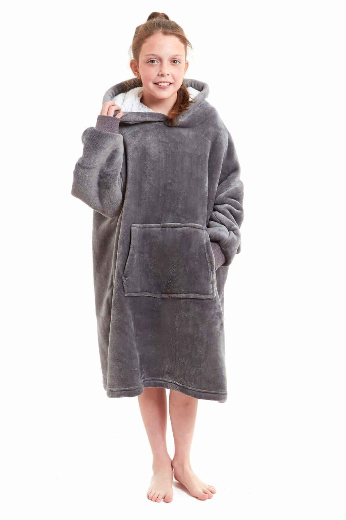 Kids Oversized Hooded Plush Fleece Blankets With Reversible Sherpa. Buy now for £15.00. A Hooded Blanket by Daisy Dreamer. blush pink, charcoal, childrens, clothing, dusky pink, flannel, fleece, grey, hooded blanket, hot pink, kids, loungewear, nightwear,