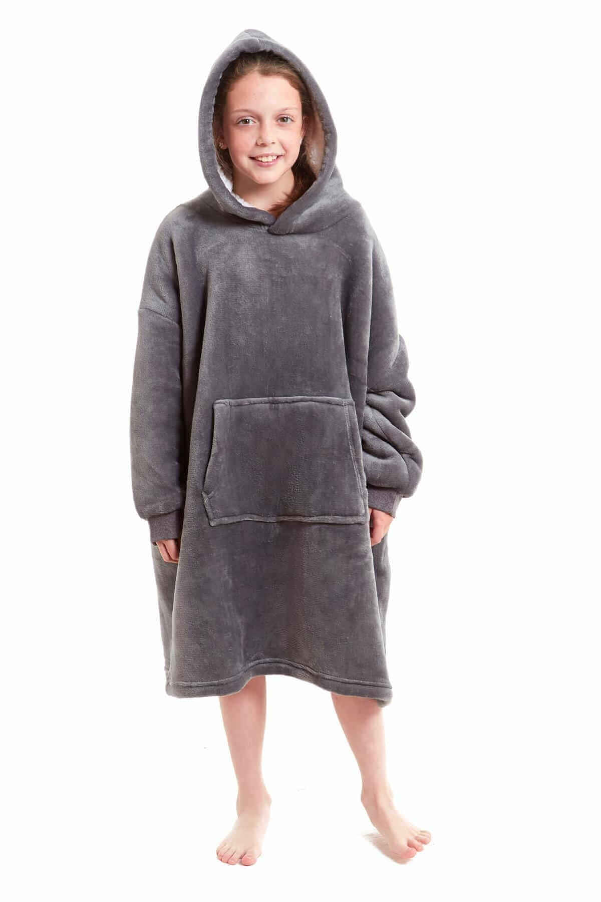 Kids Oversized Hooded Plush Fleece Blankets With Reversible Sherpa. Buy now for £15.00. A Hooded Blanket by Daisy Dreamer. blush pink, charcoal, childrens, clothing, dusky pink, flannel, fleece, grey, hooded blanket, hot pink, kids, loungewear, nightwear,