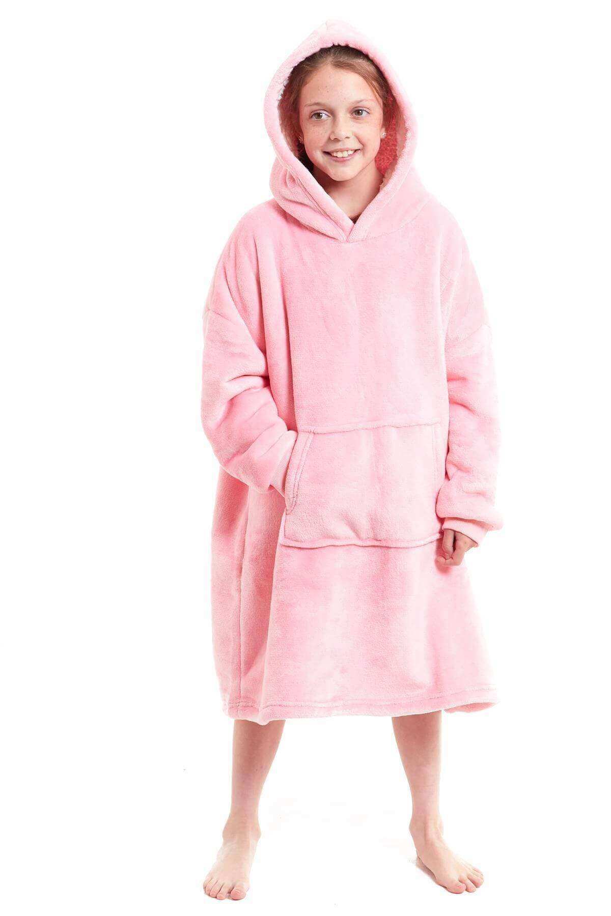 Kids Oversized Hooded Plush Fleece Blankets With Reversible Sherpa. Buy now for £15.00. A Hooded Blanket by Daisy Dreamer. blush pink, charcoal, childrens, clothing, dusky pink, flannel, fleece, grey, hooded blanket, hot pink, kids, loungewear, nightwear,