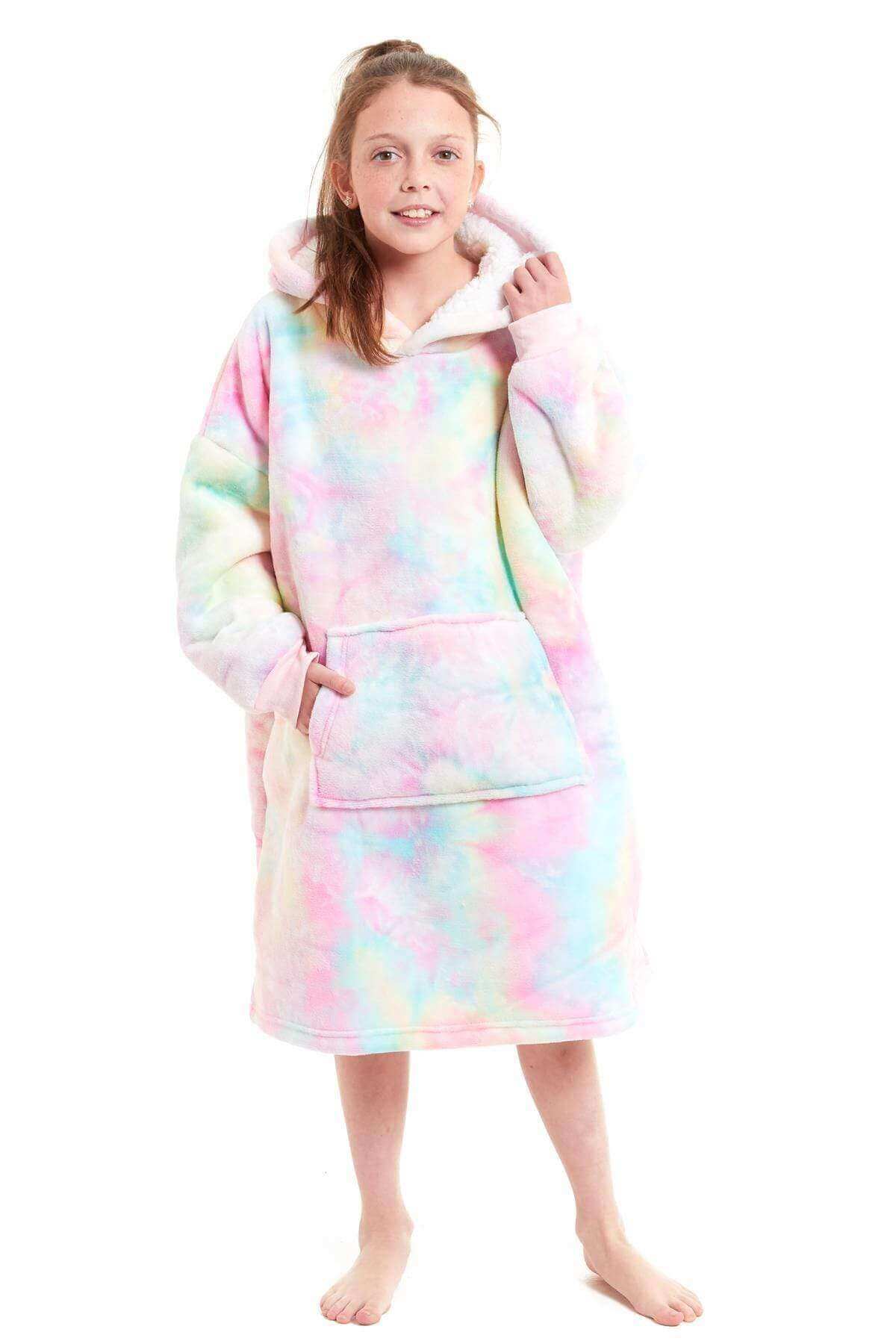 Kids Oversized Hooded Plush Fleece Blankets With Reversible Sherpa. Buy now for £15.00. A Hooded Blanket by Daisy Dreamer. blush pink, charcoal, childrens, clothing, dusky pink, flannel, fleece, grey, hooded blanket, hot pink, kids, loungewear, nightwear,