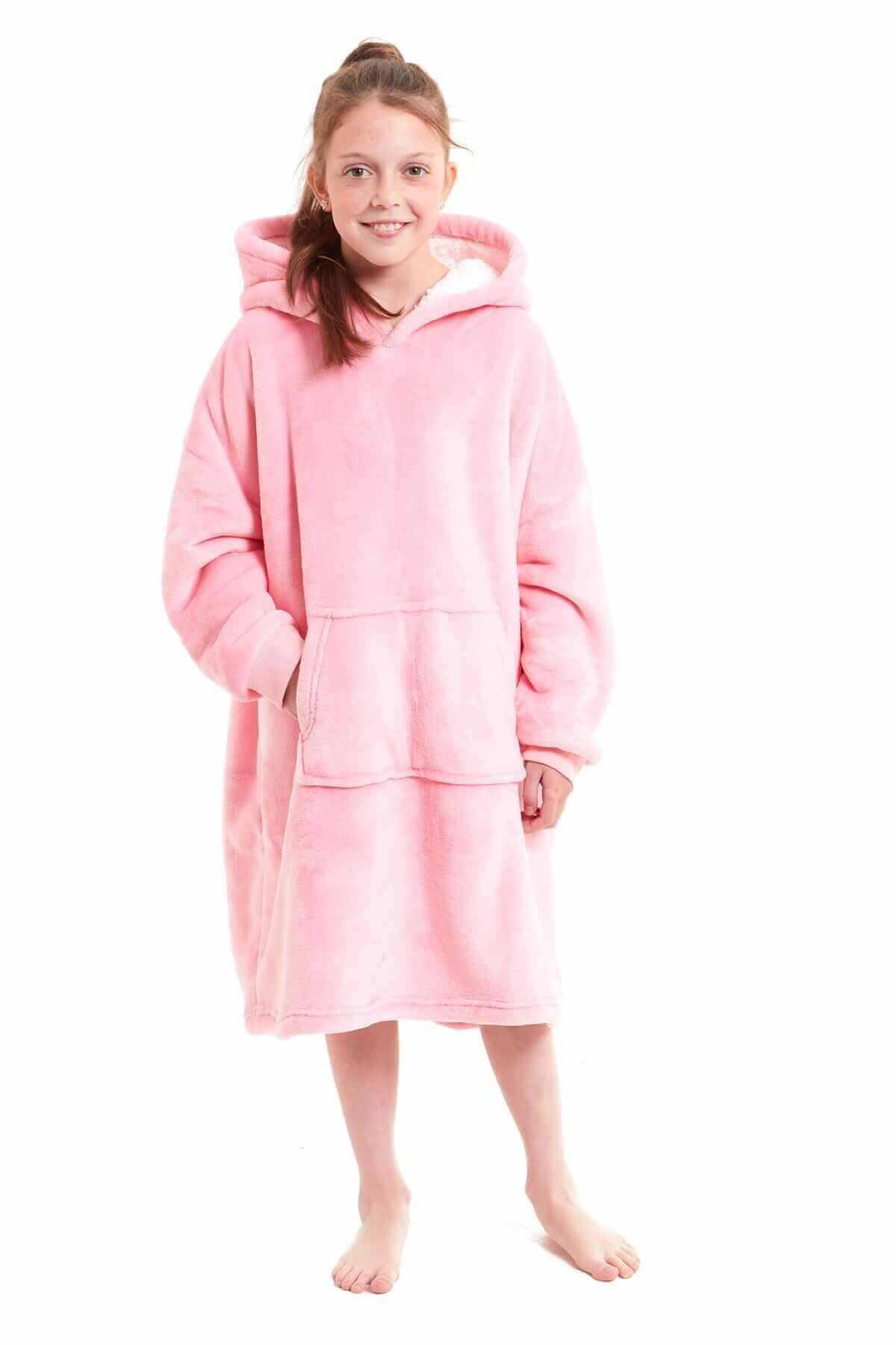 Kids Oversized Hooded Plush Fleece Blankets With Reversible Sherpa. Buy now for £15.00. A Hooded Blanket by Daisy Dreamer. blush pink, charcoal, childrens, clothing, dusky pink, flannel, fleece, grey, hooded blanket, hot pink, kids, loungewear, nightwear,