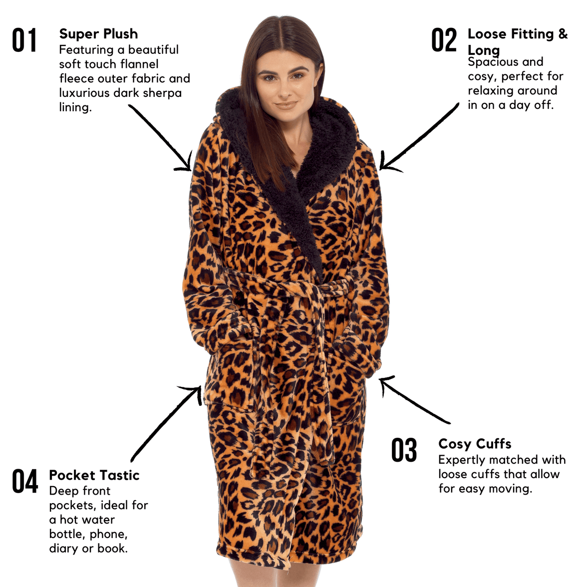 Leopard Print Plush Fleece Hooded Bath Robe with Sherpa Fur by Daisy Dreamer Women's Ultra-Soft Cozy Loungewear in Small Medium Large X-Large Robe
