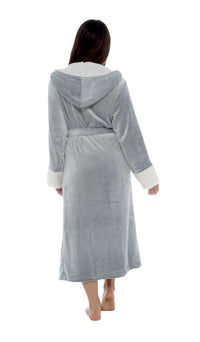 Luxurious Women's Fleece Dressing Gown with Sherpa Fur Hood Plush Flannel Bath Robe Elegant Shimmer Grey Soft Cozy Loungewear by Daisy Dreamer Robe