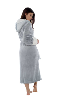 Luxurious Women's Fleece Dressing Gown with Sherpa Fur Hood Plush Flannel Bath Robe Elegant Shimmer Grey Soft Cozy Loungewear by Daisy Dreamer Robe