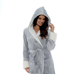 Luxurious Women's Fleece Dressing Gown with Sherpa Fur Hood Plush Flannel Bath Robe Elegant Shimmer Grey Soft Cozy Loungewear by Daisy Dreamer Robe