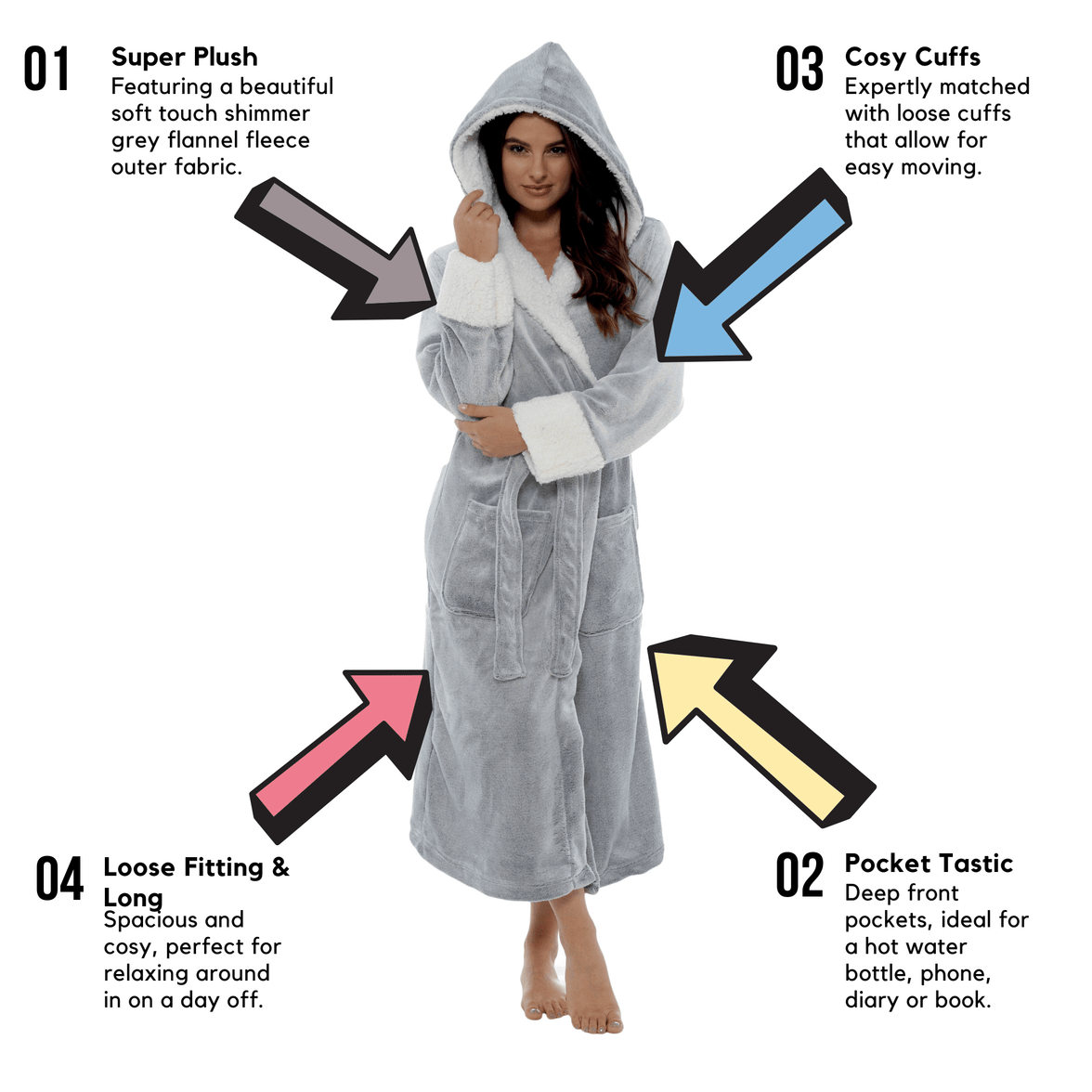 Luxurious Women's Fleece Dressing Gown with Sherpa Fur Hood Plush Flannel Bath Robe Elegant Shimmer Grey Soft Cozy Loungewear by Daisy Dreamer Robe