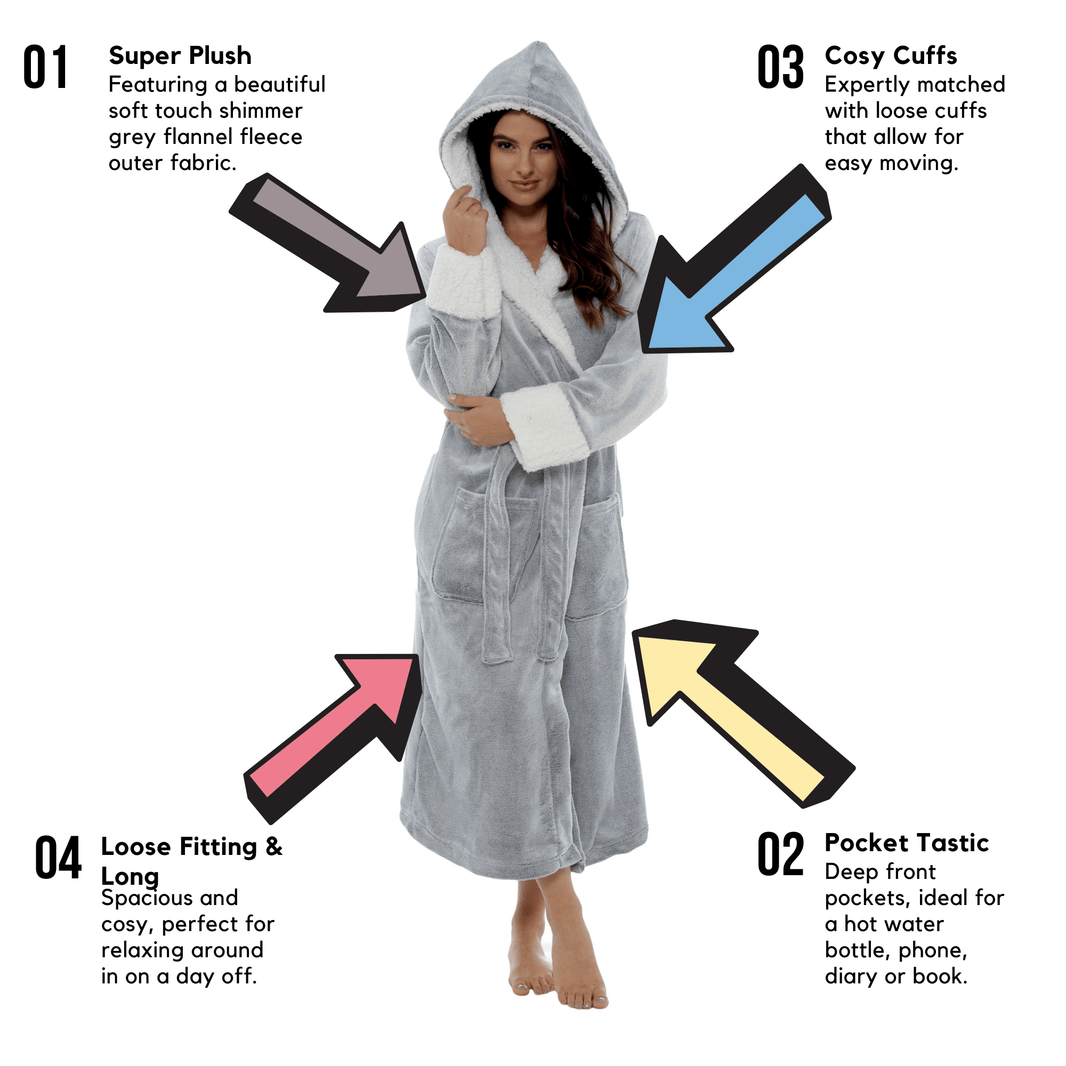 Luxurious Women's Fleece Dressing Gown with Sherpa Fur Hood Plush Flannel Bath Robe Elegant Shimmer Grey Soft Cozy Loungewear by Daisy Dreamer Robe
