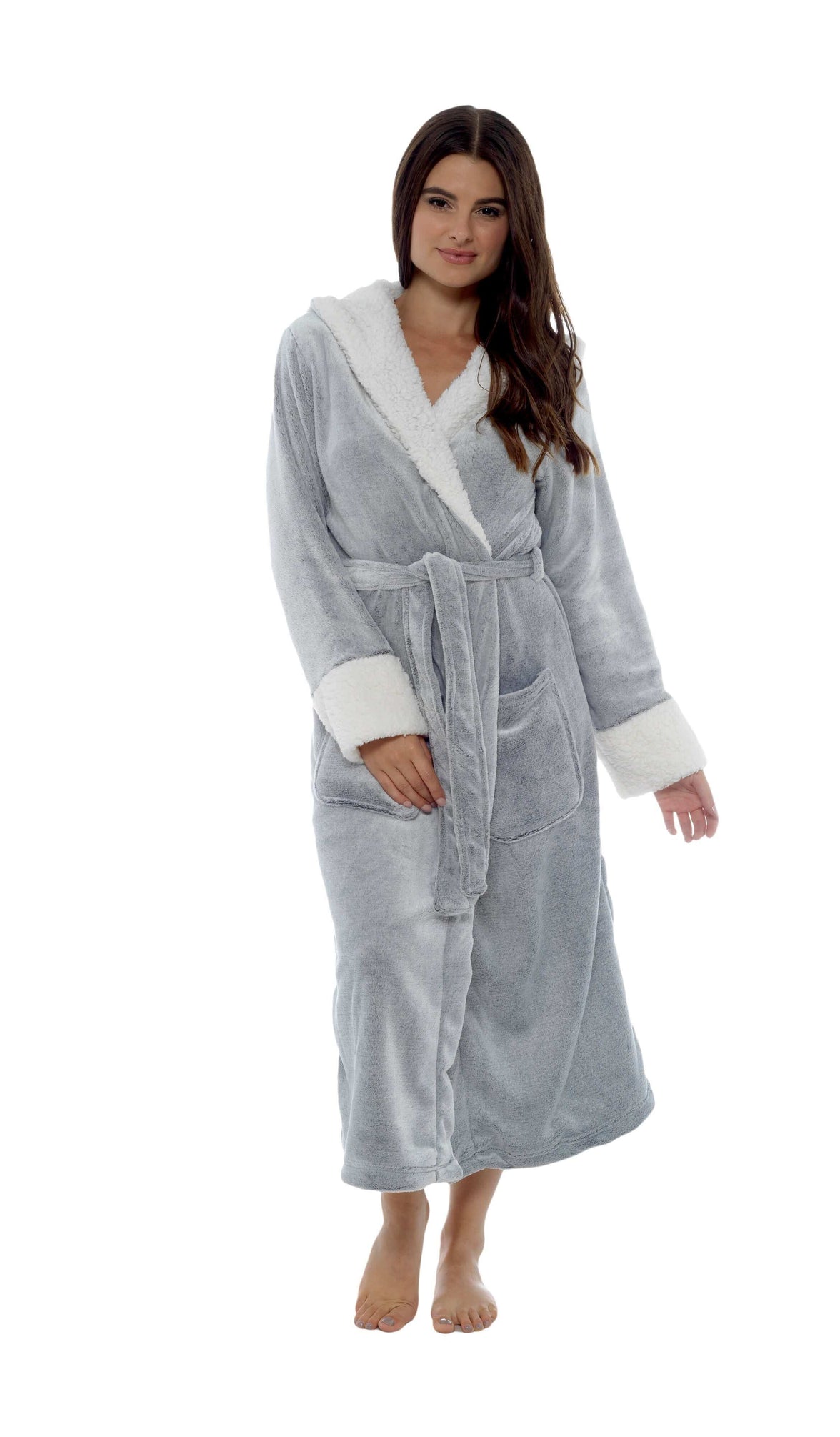 grey fleece dressing gown Fluffy cut fur long dressing gown | Grey