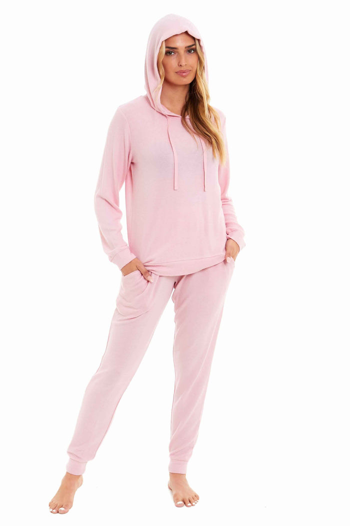 Luxurious Womens Pink Grey Cosy Hooded Pyjama Set Soft Comfortable Stretchable Loungewear Long Sleeve Hoodie and Pants Ideal Gift Daisy Dreamer SMALL | UK 8-10 / PINK Pyjamas