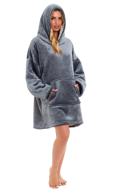 Oversized Grey & Pink Hooded Plush Fleece With Reversible Sherpa Blanket. Buy now for £20.00. A Hooded Blanket by Daisy Dreamer. charcoal, clothing, daisy dreamer, flannel, fleece, grey, hooded blanket, kids, ladies, loungewear, nightwear, oodie, oversize
