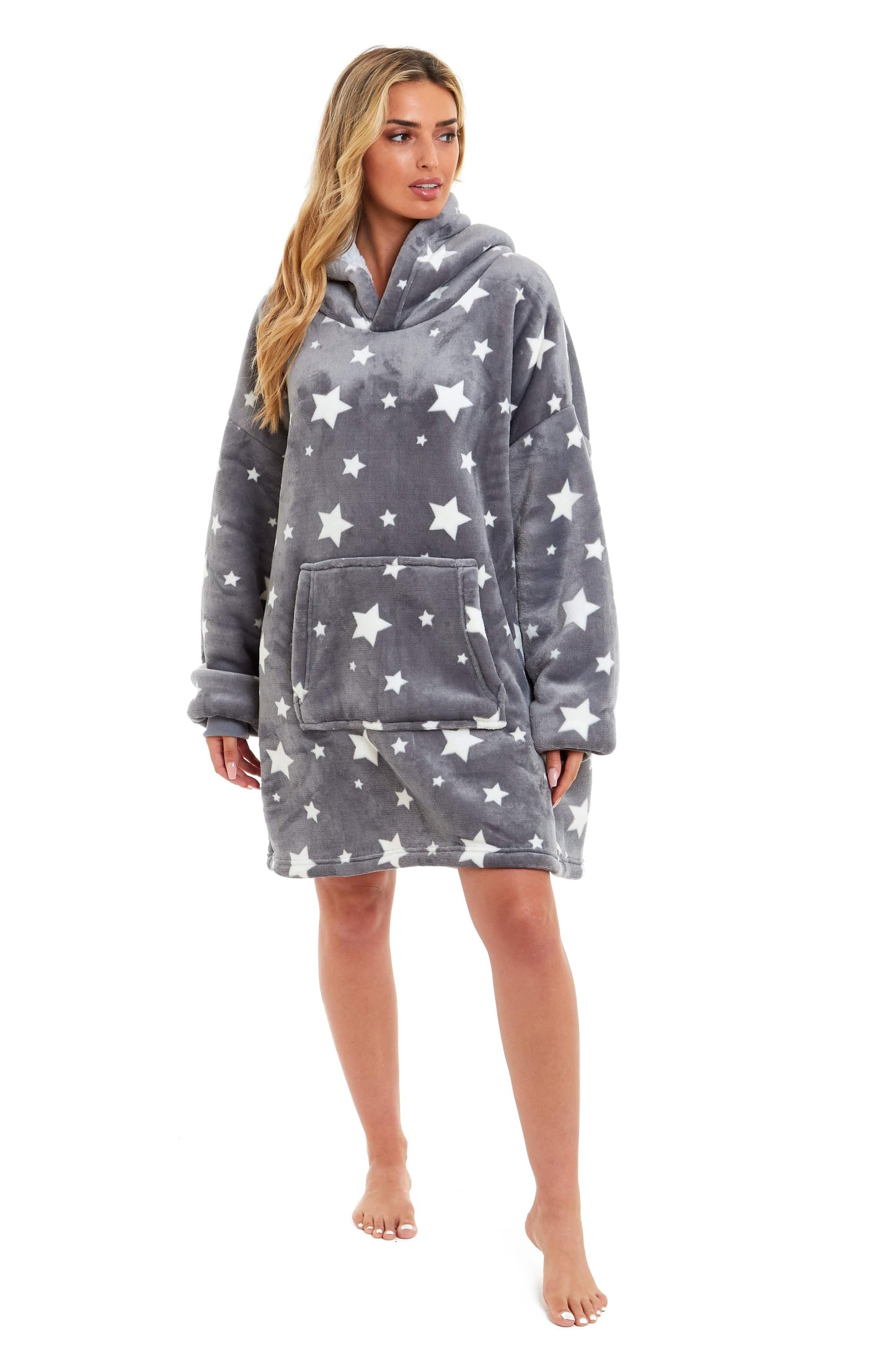 Oversized Grey Stars Hooded Plush Fleece With Reversible Sherpa Blanket. Buy now for £20.00. A Hooded Blanket by Daisy Dreamer. charcoal, clothing, flannel, fleece, grey, hooded blanket, kids, ladies, loungewear, nightwear, oodie, oversized top, plush, sh