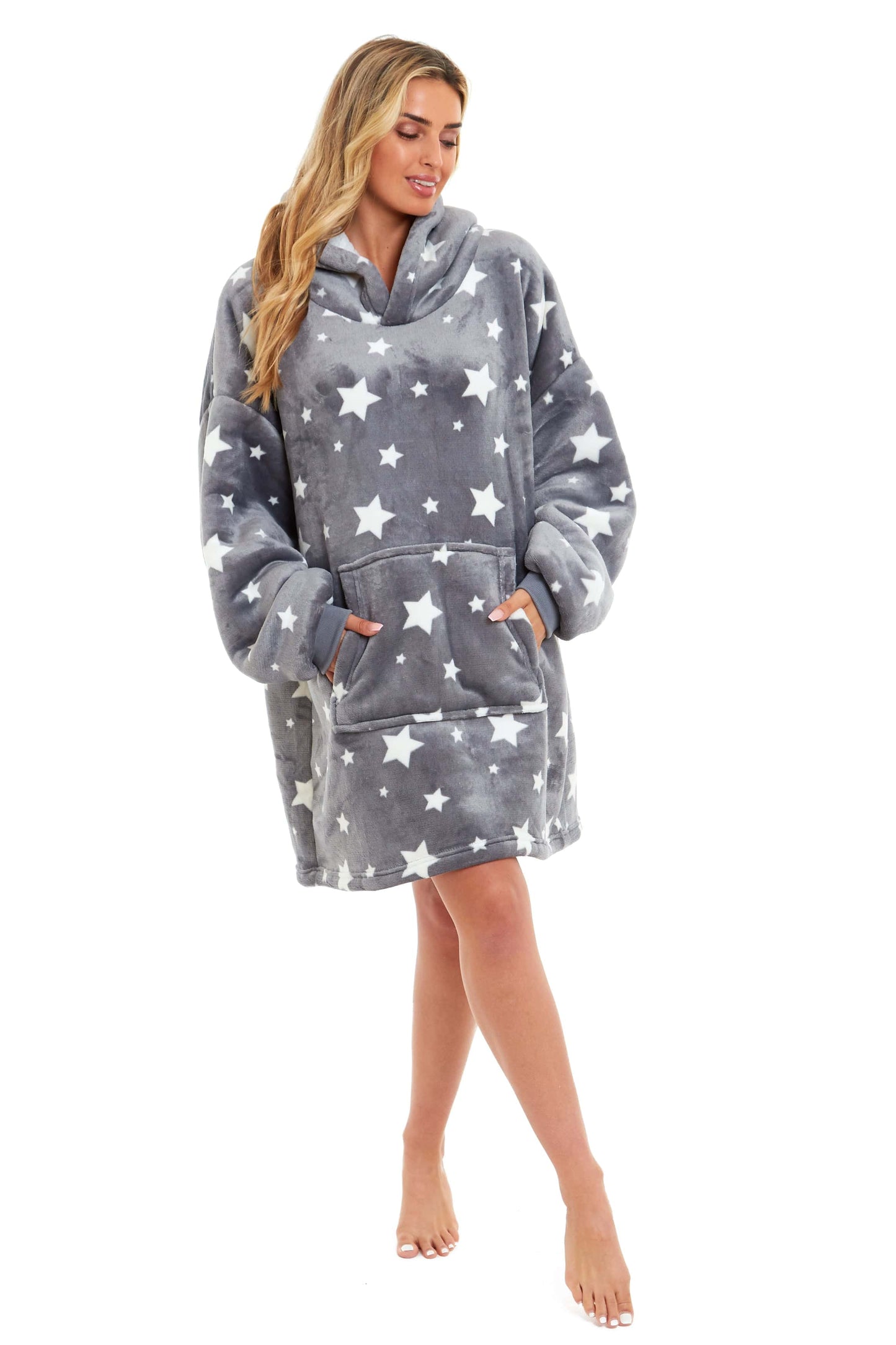 Oversized Grey Stars Hooded Plush Fleece With Reversible Sherpa Blanket. Buy now for £20.00. A Hooded Blanket by Daisy Dreamer. charcoal, clothing, flannel, fleece, grey, hooded blanket, kids, ladies, loungewear, nightwear, oodie, oversized top, plush, sh