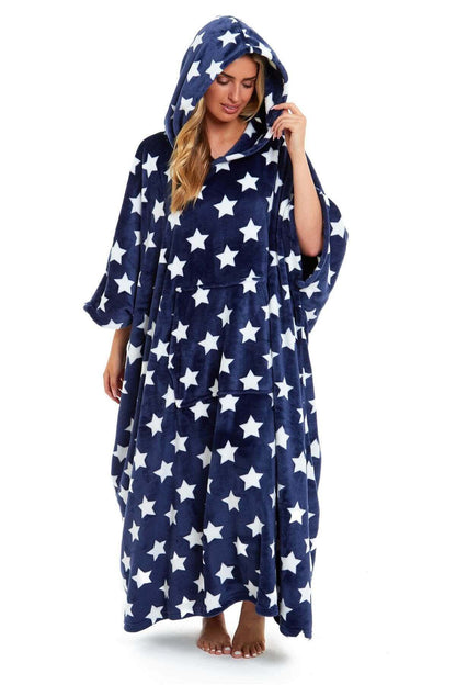 Women's Oversized Hooded Poncho Blanket, Stars & Polka Dot. Buy now for £25.00. A Hooded Blanket by Daisy Dreamer. blue, blush pink, charcoal, circles, clothing, dusky pink, faux fur, flannel, fleece, grey, hooded blanket, hot pink, loungewear, navy, nigh