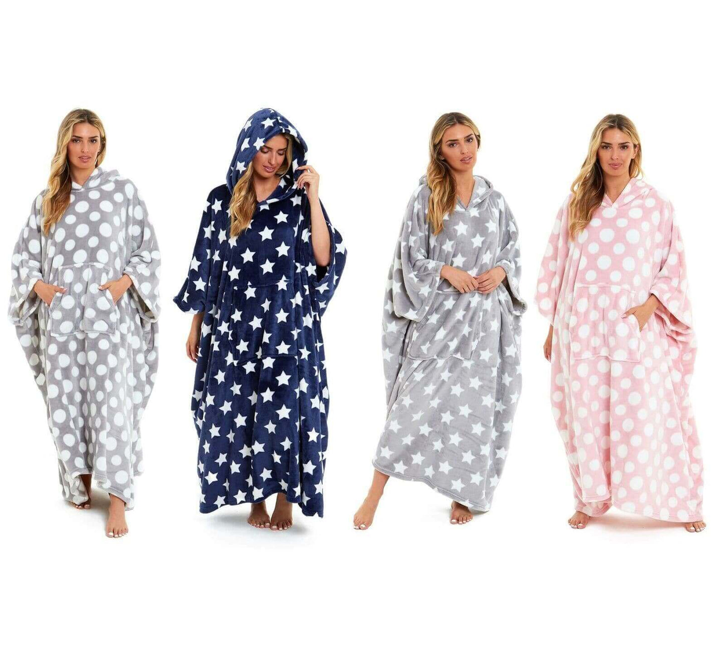 Women's Oversized Hooded Poncho Blanket, Stars & Polka Dot. Buy now for £25.00. A Hooded Blanket by Daisy Dreamer. blue, blush pink, charcoal, circles, clothing, dusky pink, faux fur, flannel, fleece, grey, hooded blanket, hot pink, loungewear, navy, nigh