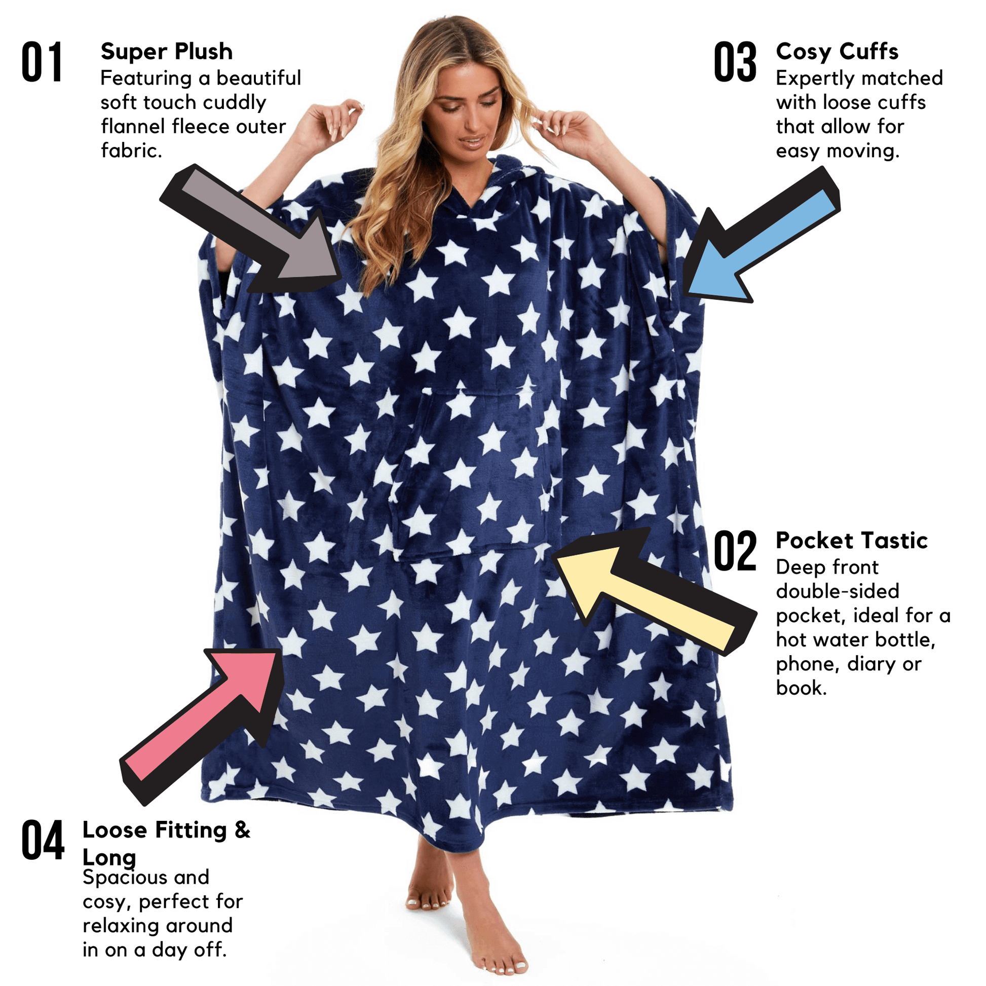 Women's Super Soft Oversized Hooded Poncho Blanket with Stars & Polka Dot Design for Indoor & Outdoor Use by Daisy Dreamer. Buy now for £25.00.