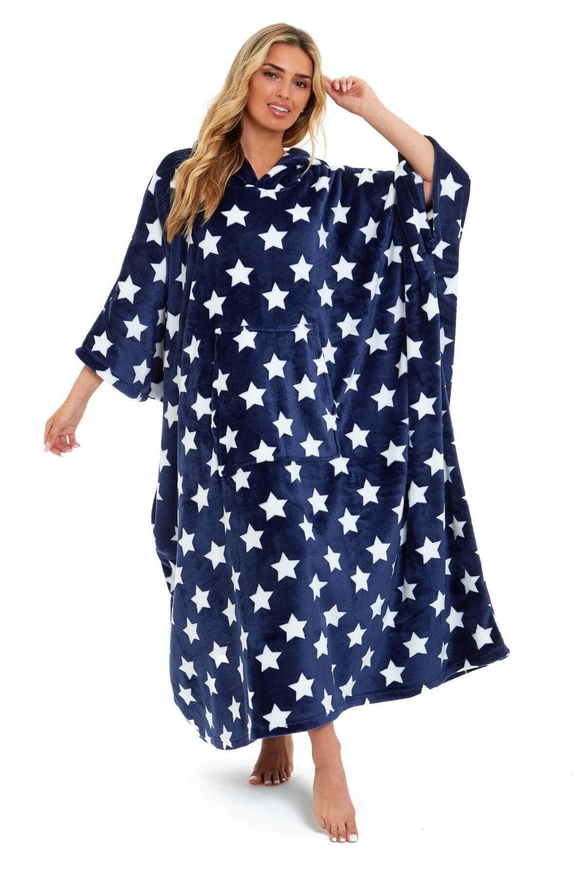 Women's Super Soft Oversized Hooded Poncho Blanket with Stars & Polka Dot Design for Indoor & Outdoor Use by Daisy Dreamer. Buy now for £25.00.