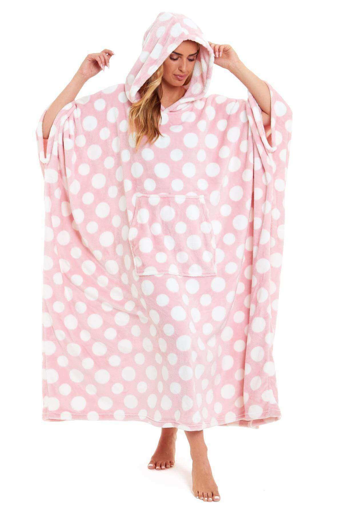 Women's Super Soft Oversized Hooded Poncho Blanket with Stars & Polka Dot Design for Indoor & Outdoor Use by Daisy Dreamer. Buy now for £25.00.