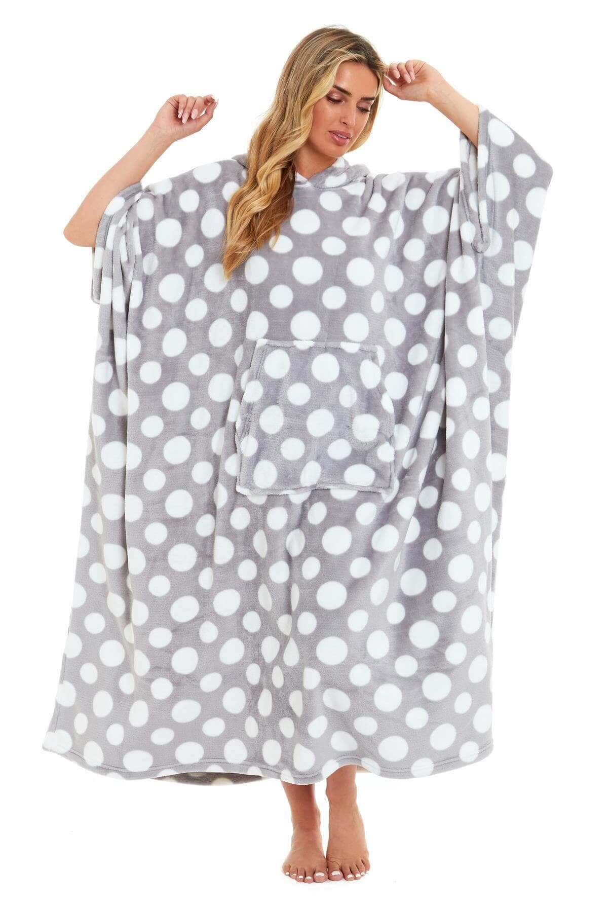 Women's Super Soft Oversized Hooded Poncho Blanket with Stars & Polka Dot Design for Indoor & Outdoor Use by Daisy Dreamer. Buy now for £25.00.