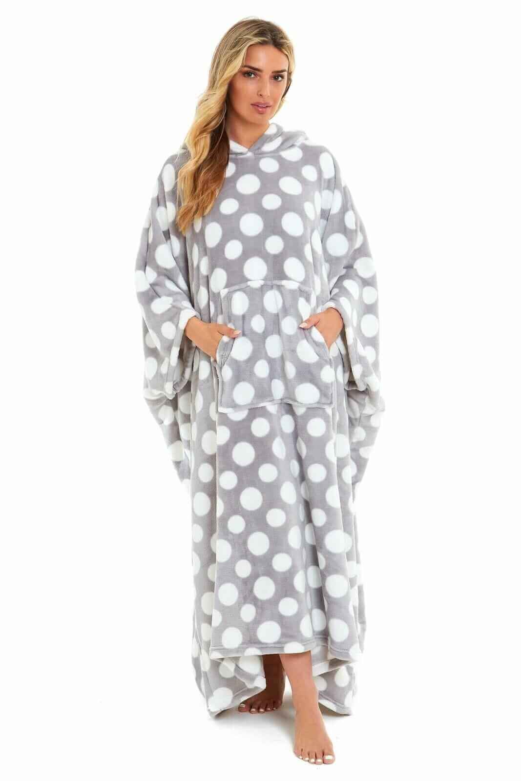 Women's Oversized Hooded Poncho Blanket, Stars & Polka Dot. Buy now for £25.00. A Hooded Blanket by Daisy Dreamer. blue, blush pink, charcoal, circles, clothing, dusky pink, faux fur, flannel, fleece, grey, hooded blanket, hot pink, loungewear, navy, nigh