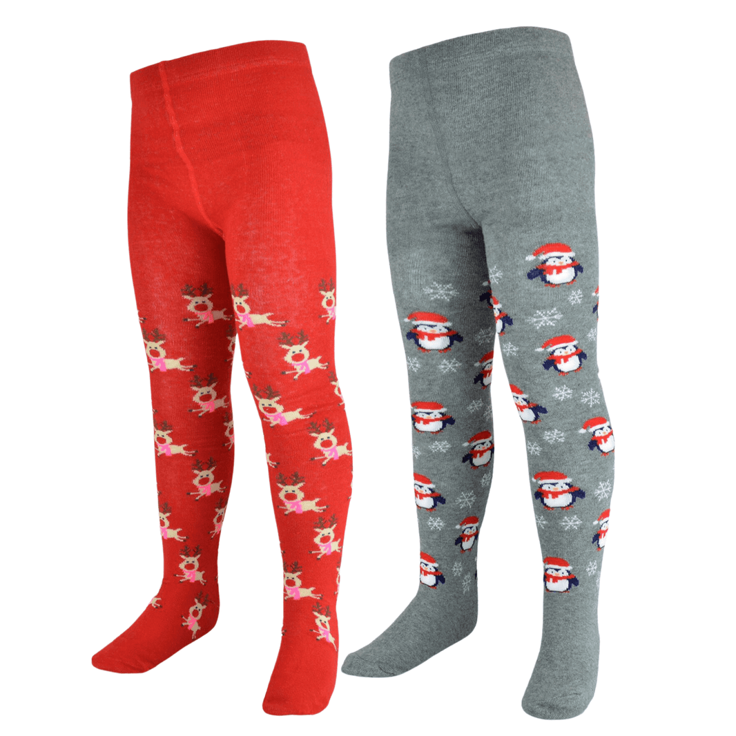Pack of 2 Girls Christmas Tights Reindeer and Penguin Festive Cotton Rich Kids Leggings Comfortable Durable Winter Holiday Tights Sock Stack PENGUIN & REINDEER / 2-3 YRS Socks
