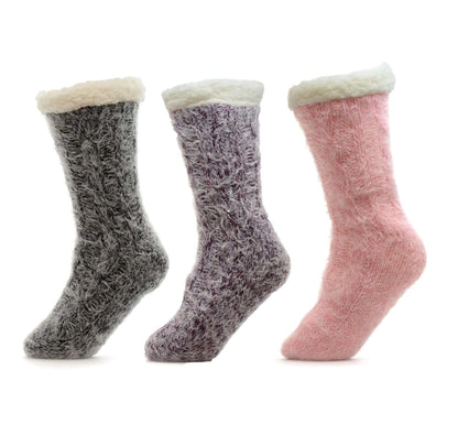Pack of 3 Pairs Womens Chunky Knit Slipper Socks Tall Sherpa Fleece Fur Lined Non Slip Grips Warm Winter Home Lounging UK Sizes 4-7 Assorted Colors by Sock Stack FEATHER TOUCH (SK946) Socks