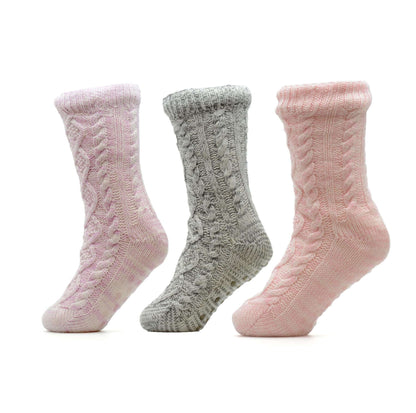 Pack of 3 Pairs Womens Chunky Knit Slipper Socks Tall Sherpa Fleece Fur Lined Non Slip Grips Warm Winter Home Lounging UK Sizes 4-7 Assorted Colors by Sock Stack TWIST CABLE (SK945) Socks