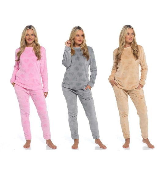 Women's Heart Fleece Pyjamas Super Soft Plush PJs, Top & Pants Loungewear Set. Buy now for £20.00. A Pyjamas by Daisy Dreamer. 12-14, 16-18, 20-22, 8-10, bath robe, bathrobe, beige, blush pink, bottom, brown, champagne, clothing, comfortable, cosy, dusky