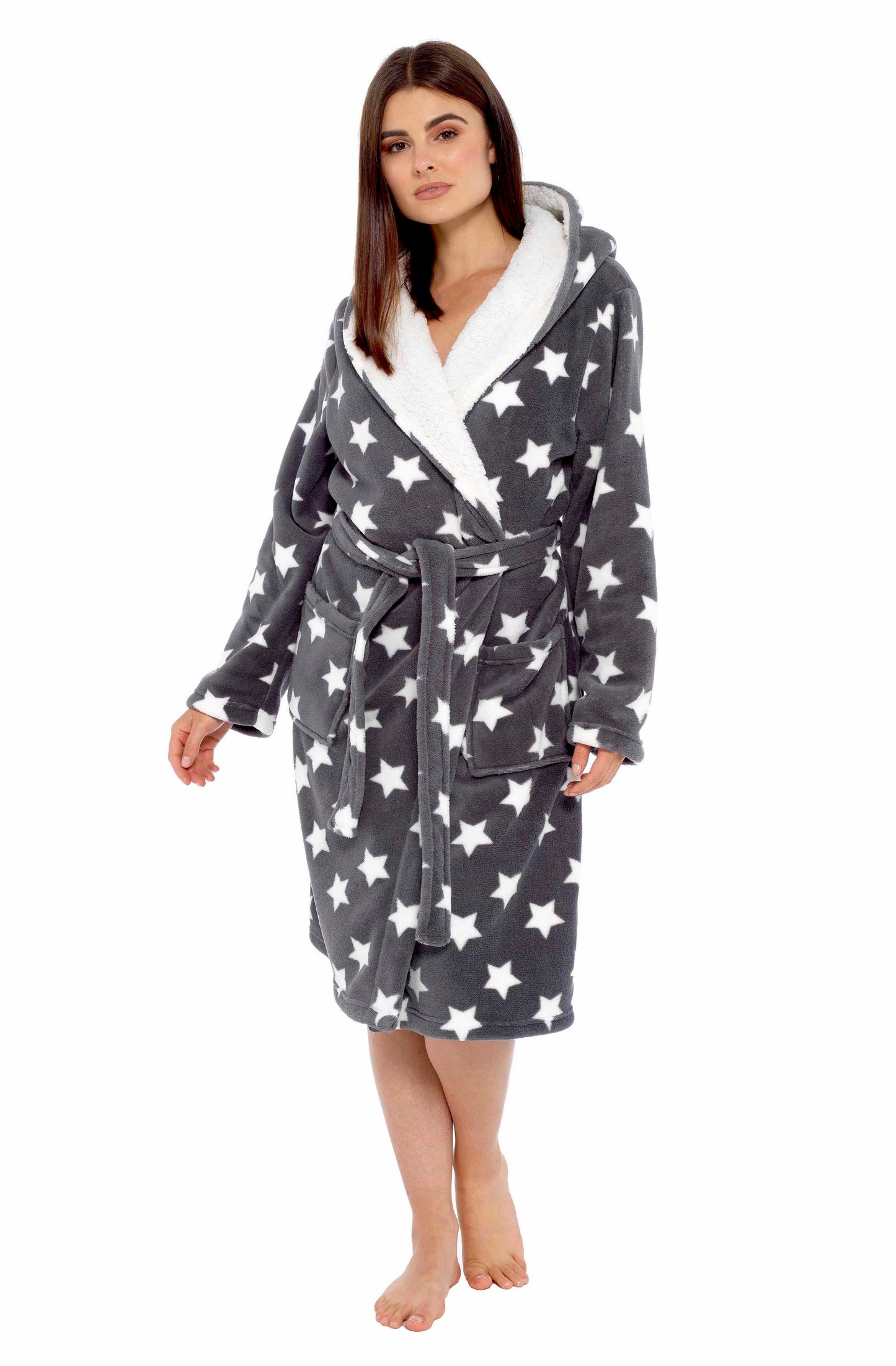 Women's Stars Plush Fleece Hooded Robe Dressing Gown, Ladies Bath Robe Loungewear. Buy now for £20.00. A Robe by Daisy Dreamer. 12-14, 16-18, 20-22, 8-10, bridesmaid, charcoal, daisy dreamer, dressing gown, flannel, fleece, grey, gym, hooded robe, hotel,