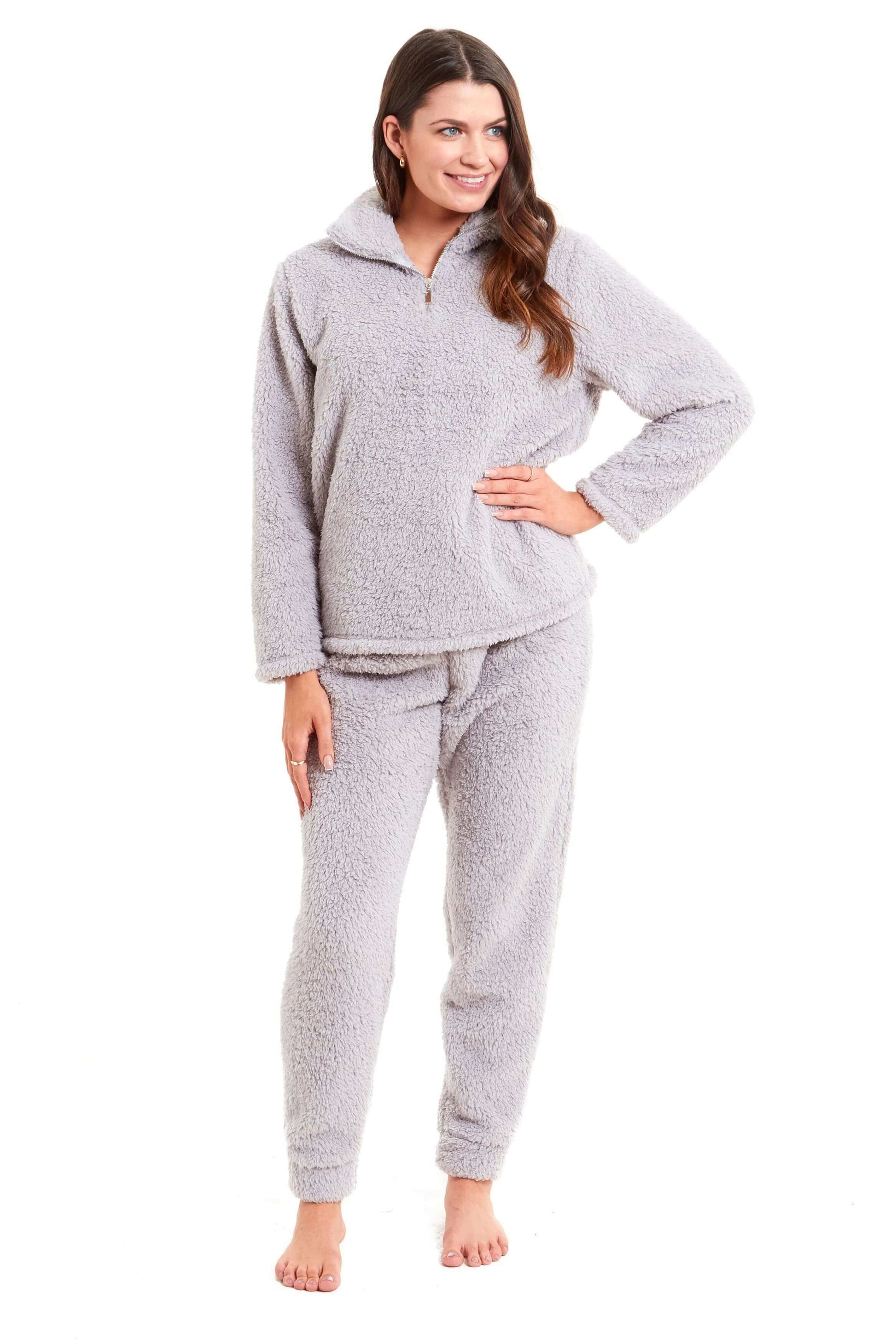 Women s Super Soft Teddy Fleece Loungewear Set Cozy Elasticated Waistband Pants and Zip Front Top in Pink Grey Cream Luxurious Nightwear by Daisy